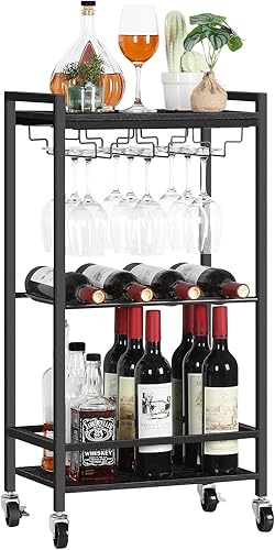 BTY Carrito de bar pequeño de 3 niveles, carrito de servicio de bar móvil con estante para vino y soporte para vidrio, carrito de vino rodante para