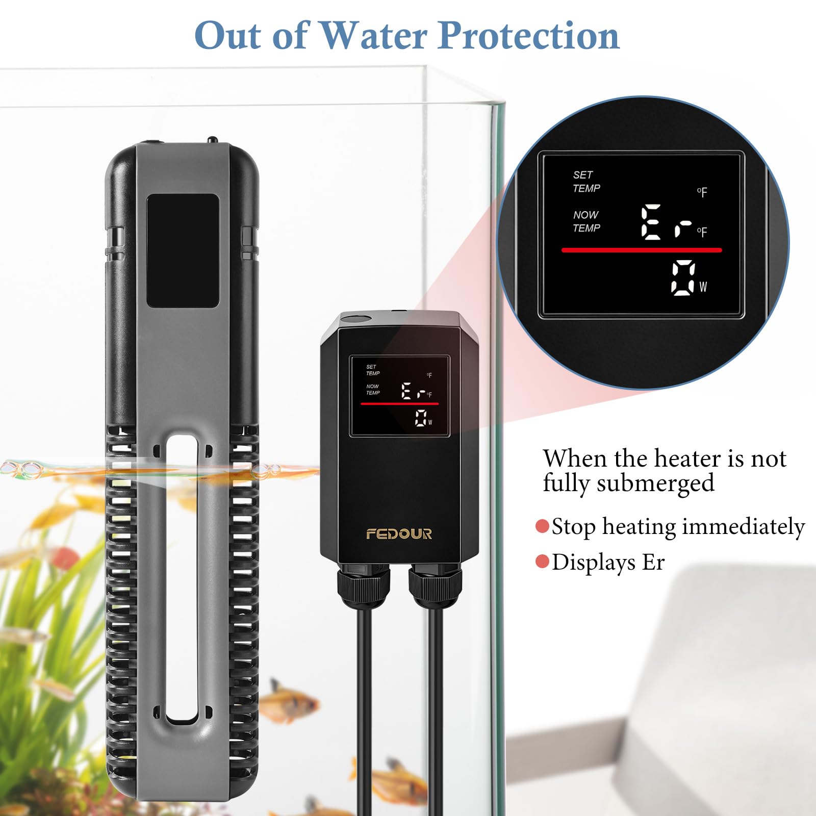 FEDOUR Calentador de acuario de titanio de 600 W y 800 W con controlador digital, calentador de acuario sumergible con protección contra sobrecalentamiento, para tanque de peces y tortugas de hasta