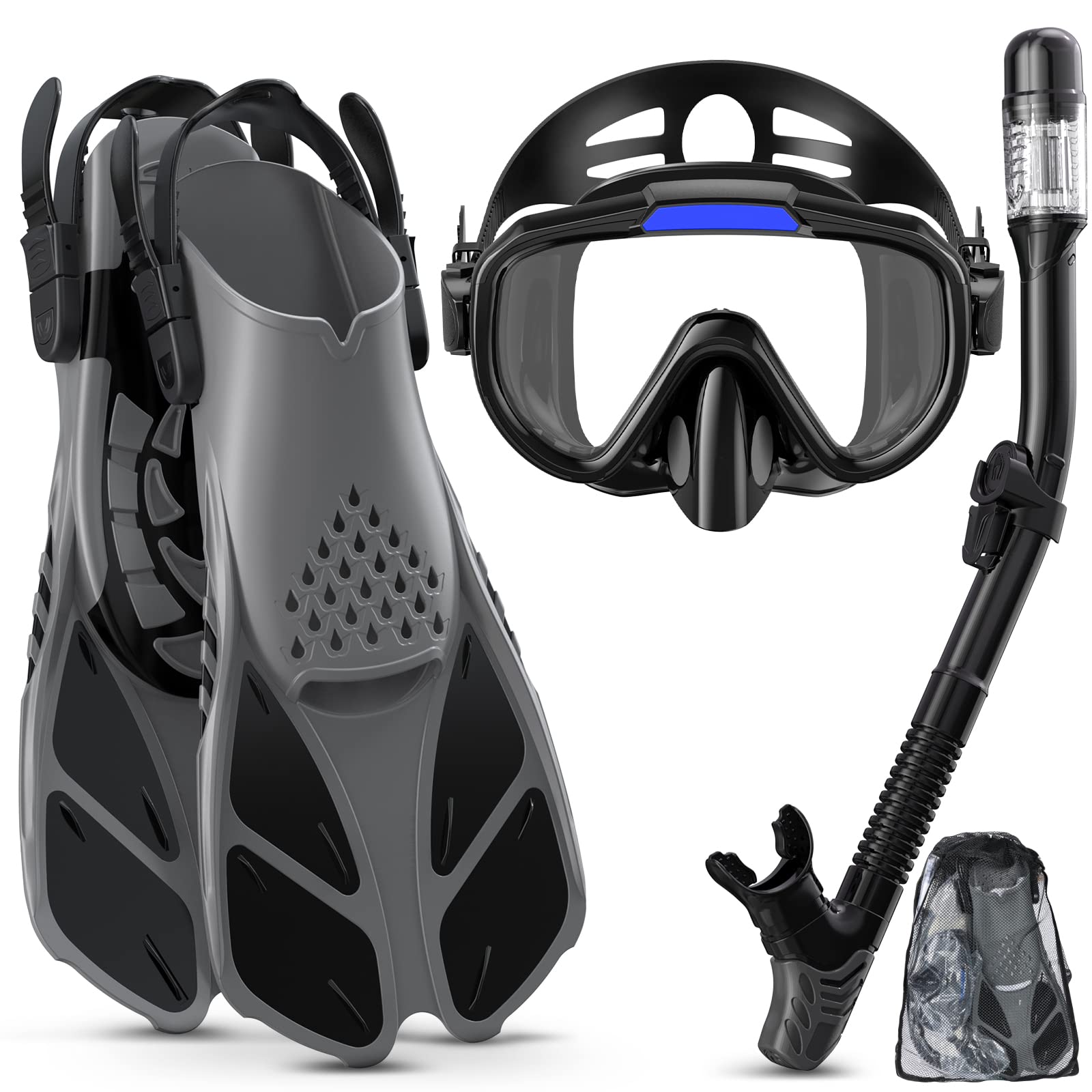 Snorkel Set Adult with Flippers, Anti-Fog Diving Set, Dry Snorkel, Adjustable Flippers, Snorkelling Packages for Men and Women