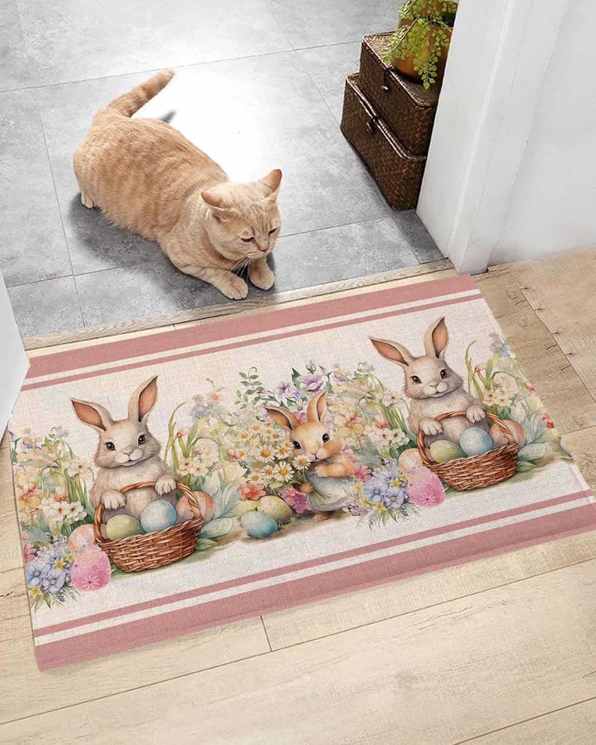 Fluffy Bath Rug Spring Easter Rabbit,Non Slip Shag Carpet Soft Floor Door Mat Farm Flowers Plant Eggs in Basket,Absorbent Entrance Rugs for Kitchen Bathroom Living Room 16x24In