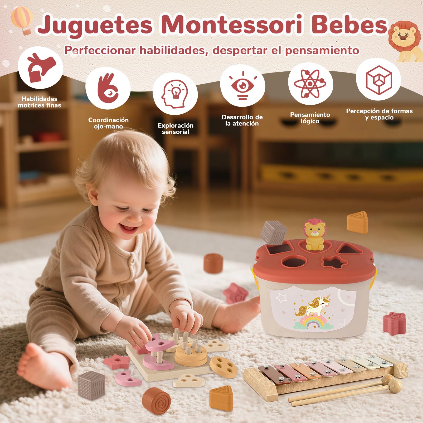 Juguetes Bebes 6-12 Meses | 5 en 1 Juguetes Montessori Sensorial con Juguetes de Madera para Apilar y Clasificar,Juguete Educativo Bebé 6 9 12 Meses | Regalo 6 a 12 Meses Cumpleaños/Navidad