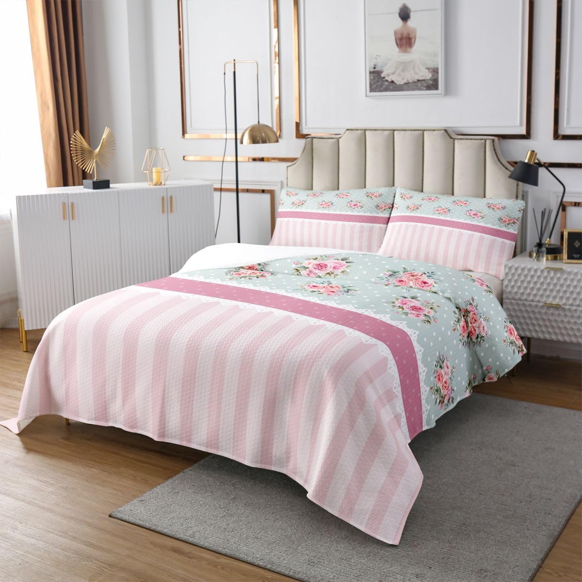 Feelyou Rose Bedspread Queen Size Striped Dots Coverlet Set Country Rustic Quilted Coverlet for All Season with 2 Pillowcases Microfiber Lightweight