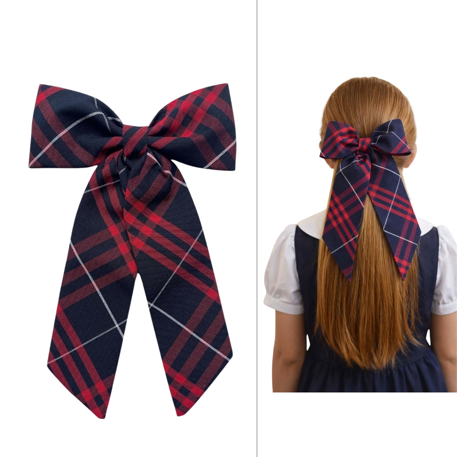 ClassExceed Jumbo Plaid Hair Bow for Girls – Extra Large 5"x8" with Long Tail & Secure French Barrette – Durable Yarn-Dyed Fabric – Elegant Back to