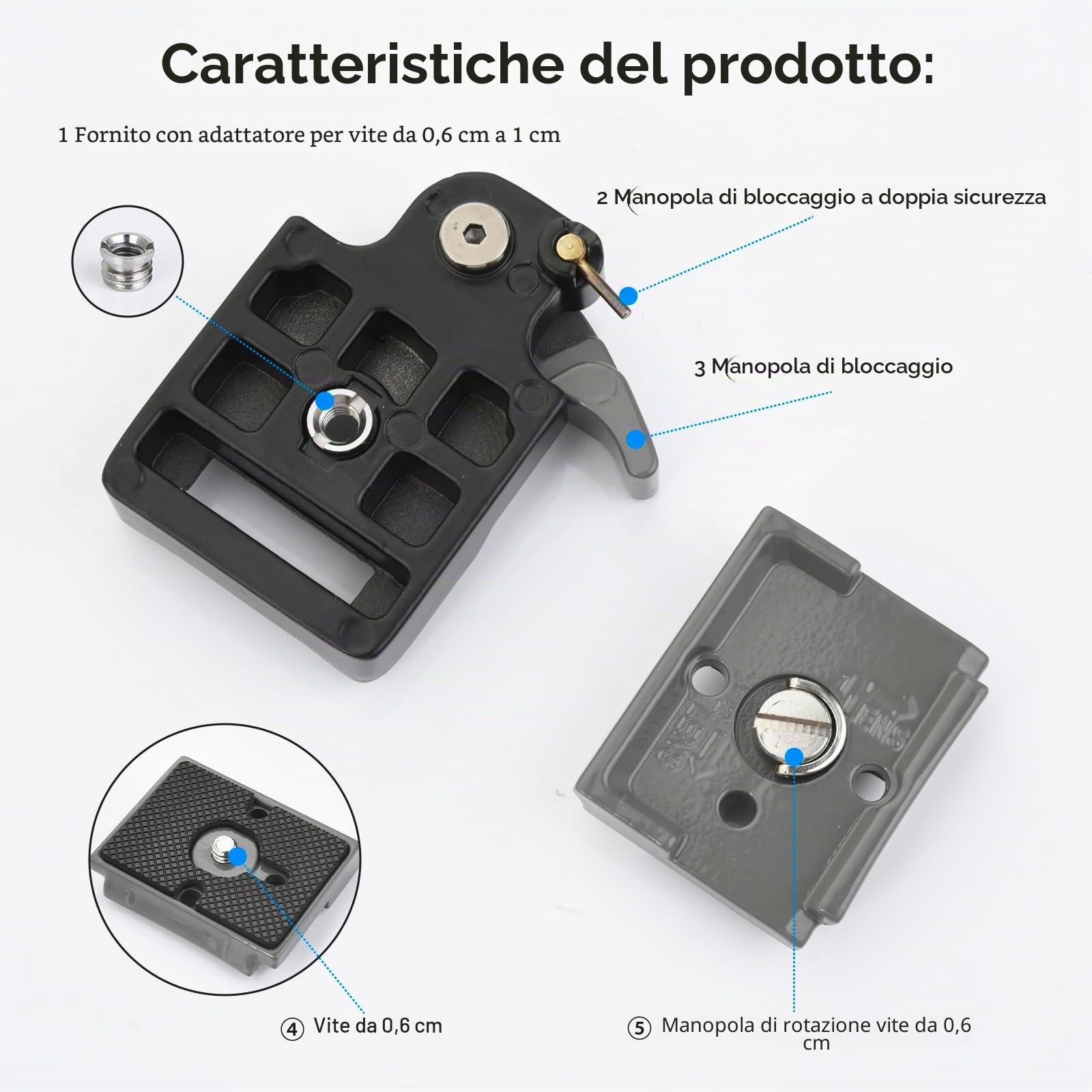 UTEBIT Piastra A Sgancio Rapido Per Fotocamera – Adattatore 1/4'' A 3/8'', Compatibile Con Manfrotto 200PL-14, Leggera E Resistente, Ideale Per Viaggi E Studio - 4