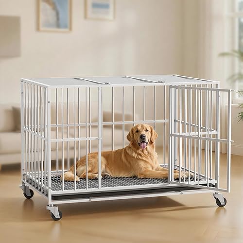 Miniatura 6 de Jaula de acero resistente para perros de 48 pulgadas, a prueba de escape, para interiores, doble puerta, alta ansiedad, bandeja extraíble, perrera