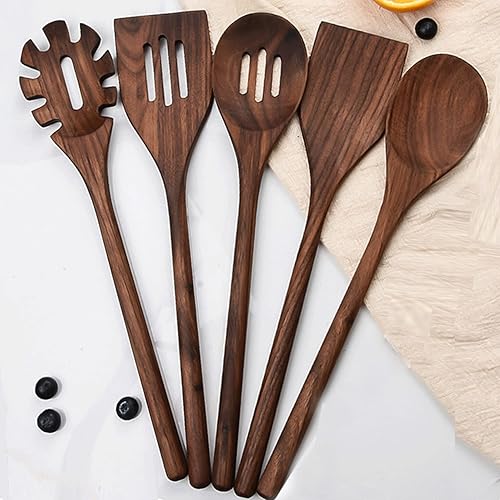 Utensilios De Cocina De Madera Para Cocinar, 5 piezas Cosas De Madera De Nuez Negra Espátulas Naturales Para Utensilios De Cocina Antiadherentes, 5