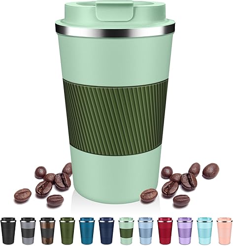 Miniatura 15 de Vasos de café aislados con tapa abatible de 12 oz / 17 onzas, taza de café de viaje de acero inoxidable a prueba de fugas, taza de café aislada al