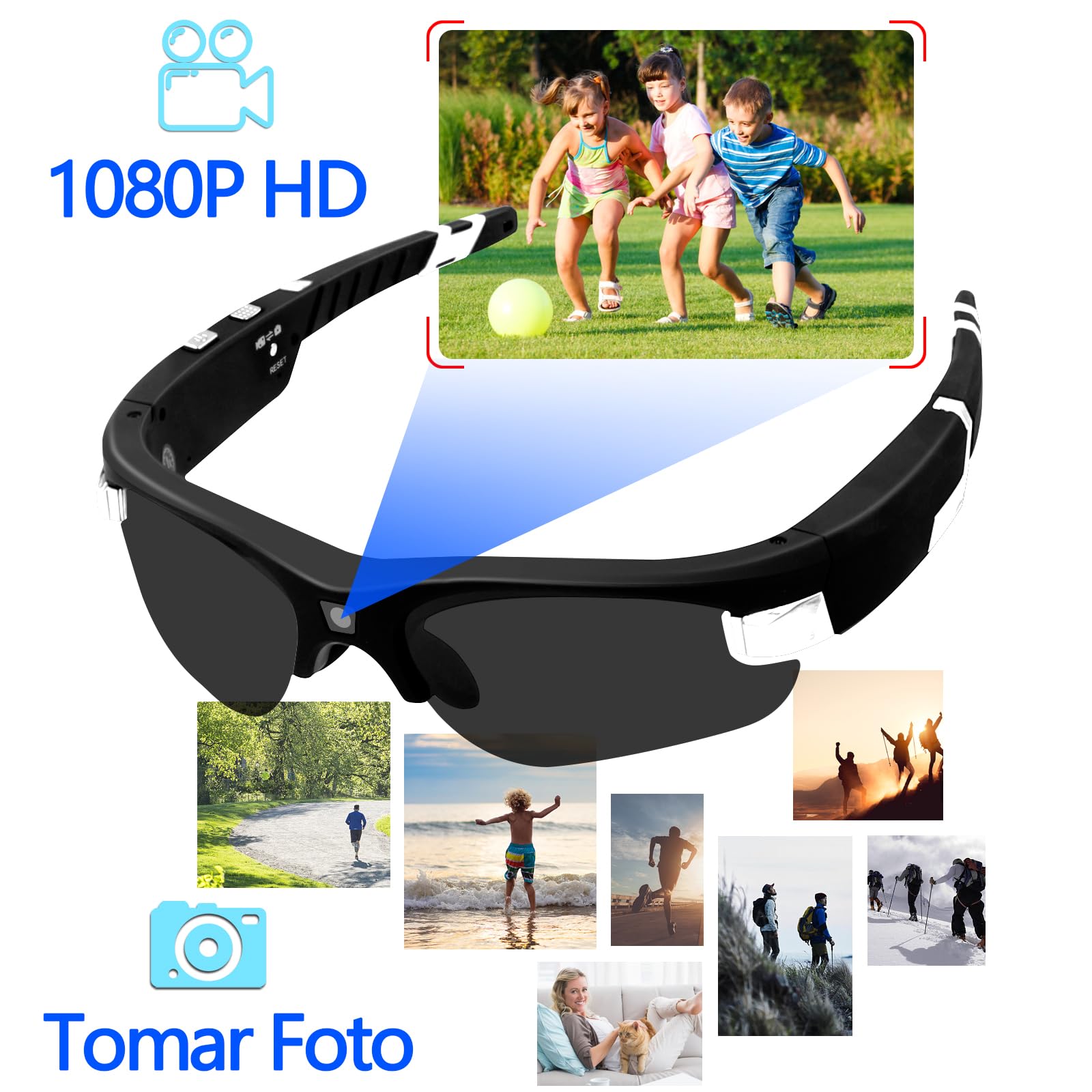 Gafas con Camara, 1080P HD Action CAM, Lente Polarizada y de un Solo Toque Gafas Camara con 160 Minutos de Tiempo de Funcionamiento Admite Grabación de Vídeo y Toma de Fotografías