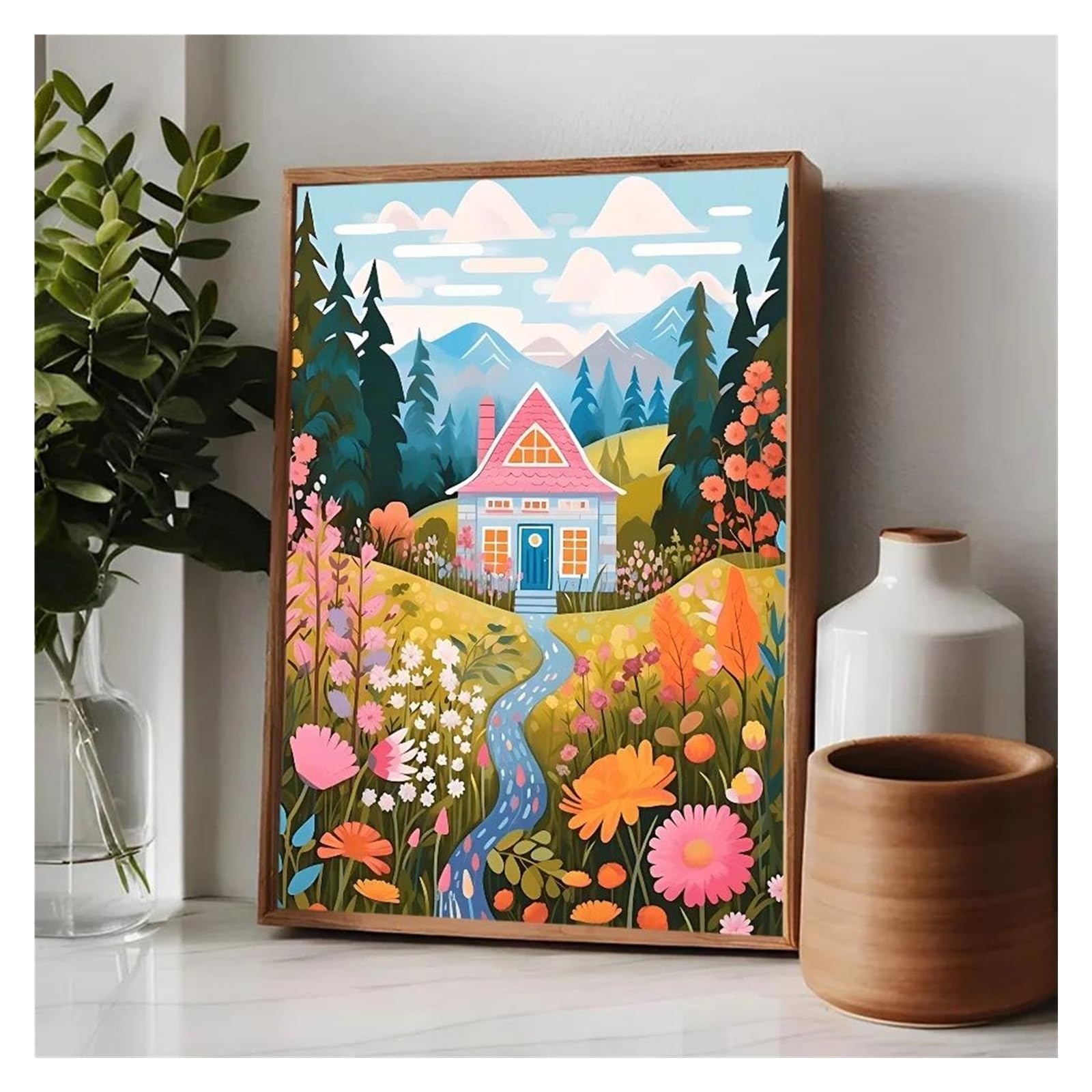 Toile d'art mural rétro de lac et fleurs pour une ambiance évasion