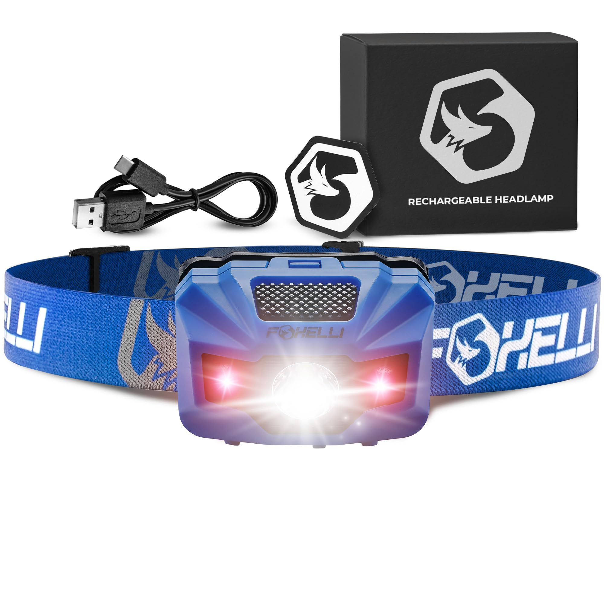 foxelli usb rechargeable headlamp flashlight - 180 lumen, up to 40 hours of constant light on a single charge, bright white led + red light, compact, easy to use, lightweight & comfortable headlight