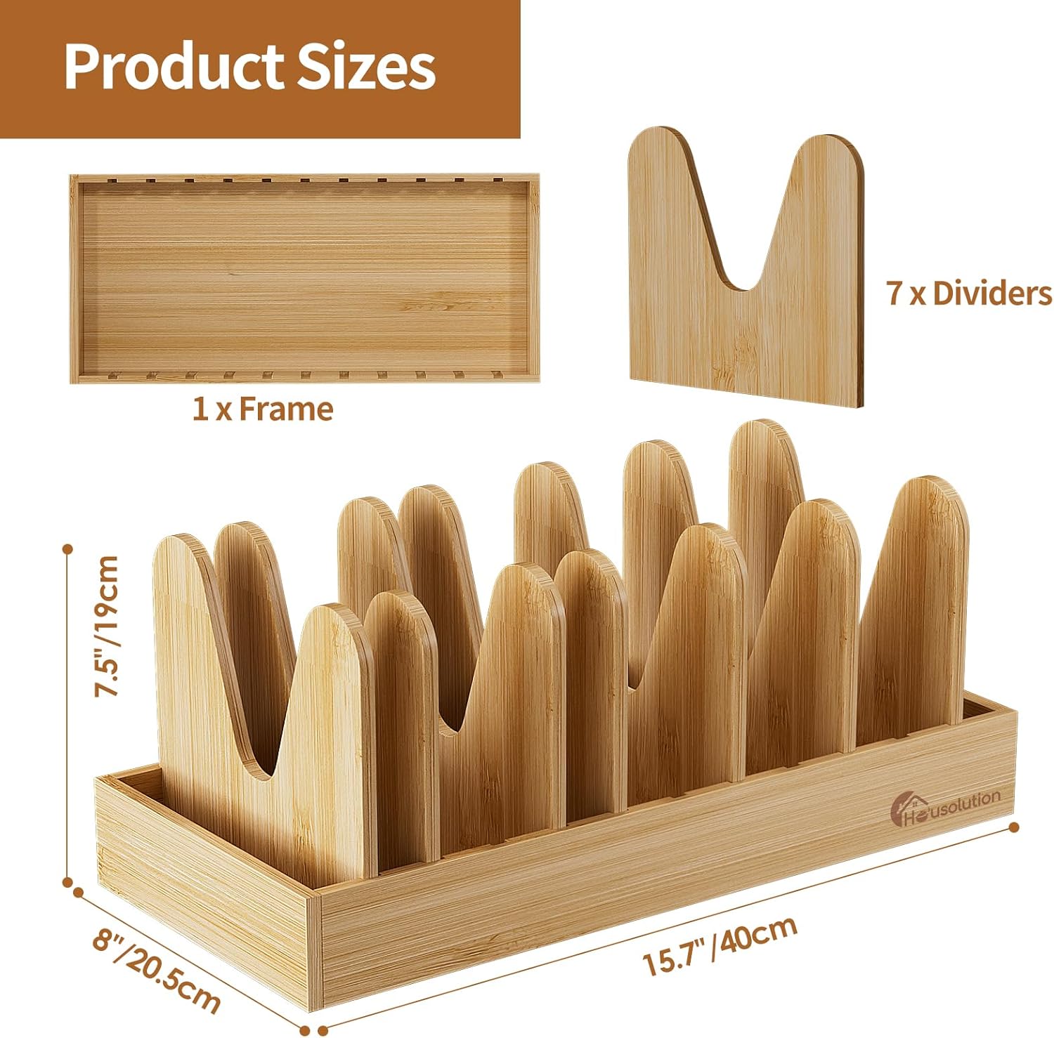 Housolution Bamboo Pot and Pan Organizer for Cabinet, Pot Lid Organizer with 7 Adjustable Dividers, Pan Holder Storage Rack with Solid Bamboo Wooden Base