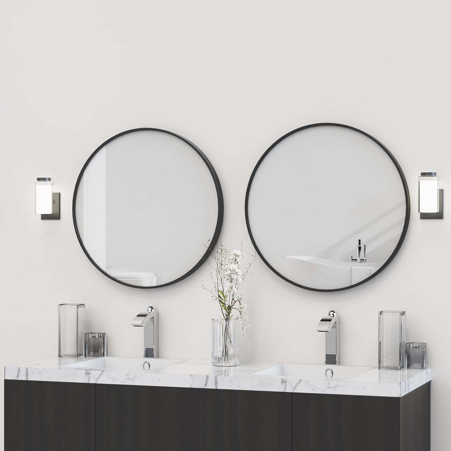 VocalStar 2-Pack Round Mirrors 24 Inch, Black Metal Framed Circle Bathroom Vanity Mirror for Over Sink, Wall Decor, 1/4-inch Shatterproof Glass | Ultra-Flush Hanging Tube Frame 24" x 24"
