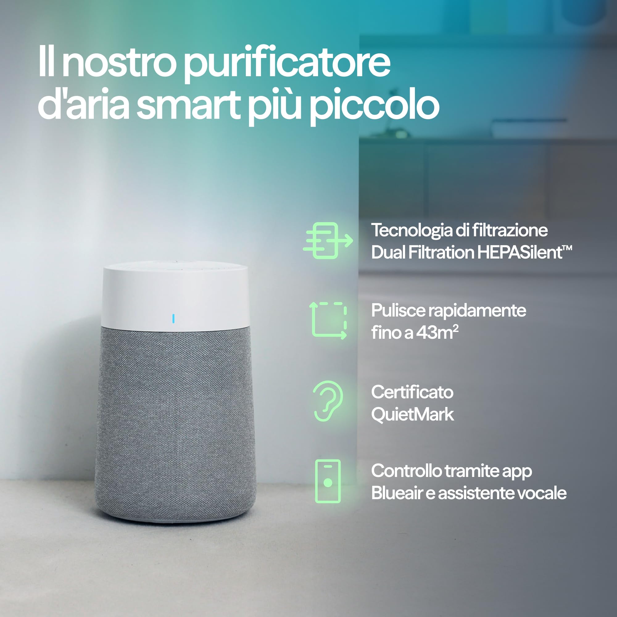BLUEAIR Blue Pure 511i Max HEPASilent, Purificatore d'aria per piccoli ambienti, Depuratore d'aria veloce pulisce 46 m² in 30minuti, Air Purifier elimina virus, polvere, muffa