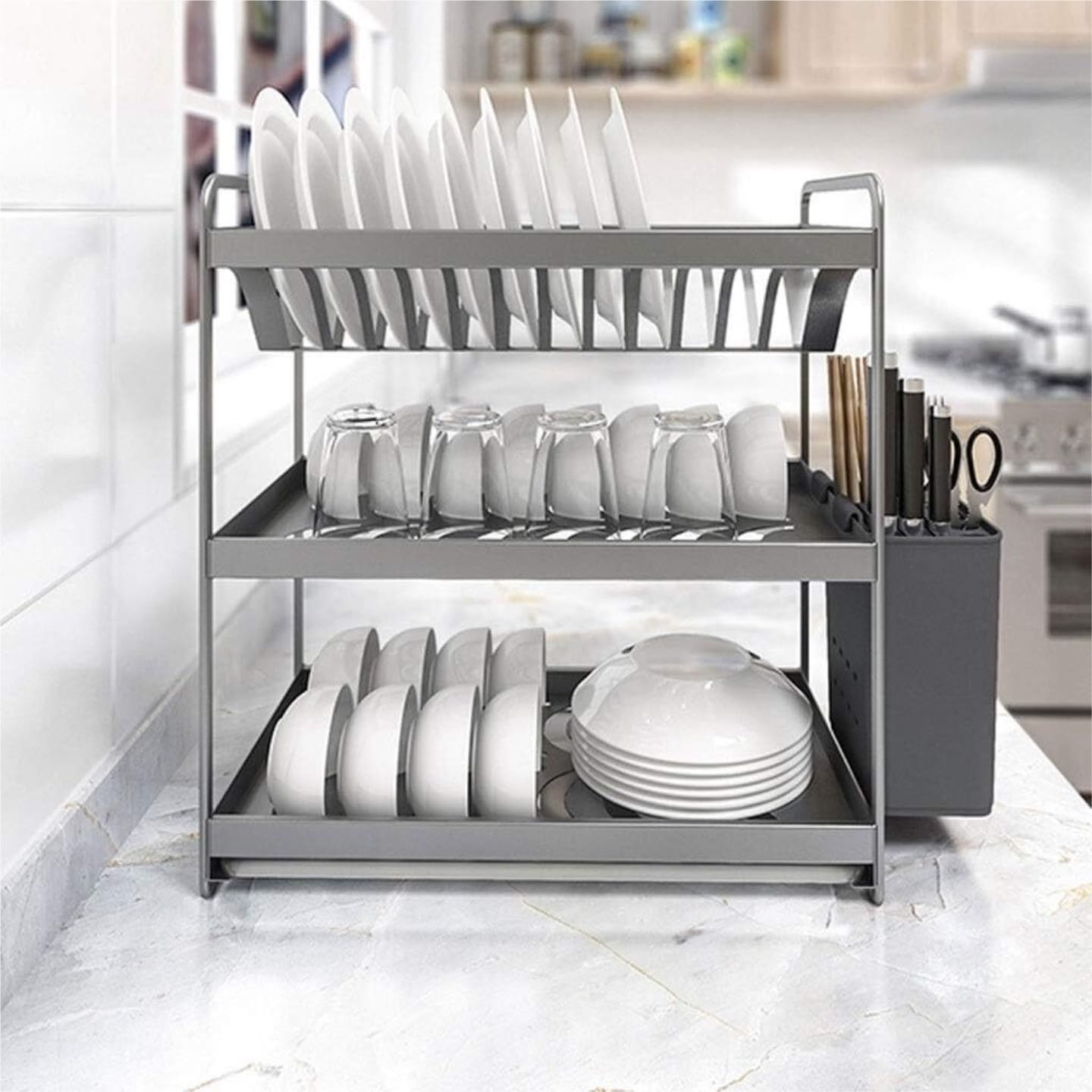 Escurreplatos, Rejilla escurridora Estante De Secado Multifuncional 3 Capas con Escurridor Extraíble Fregadero Cocina Espacio Aluminio Soporte para Platos