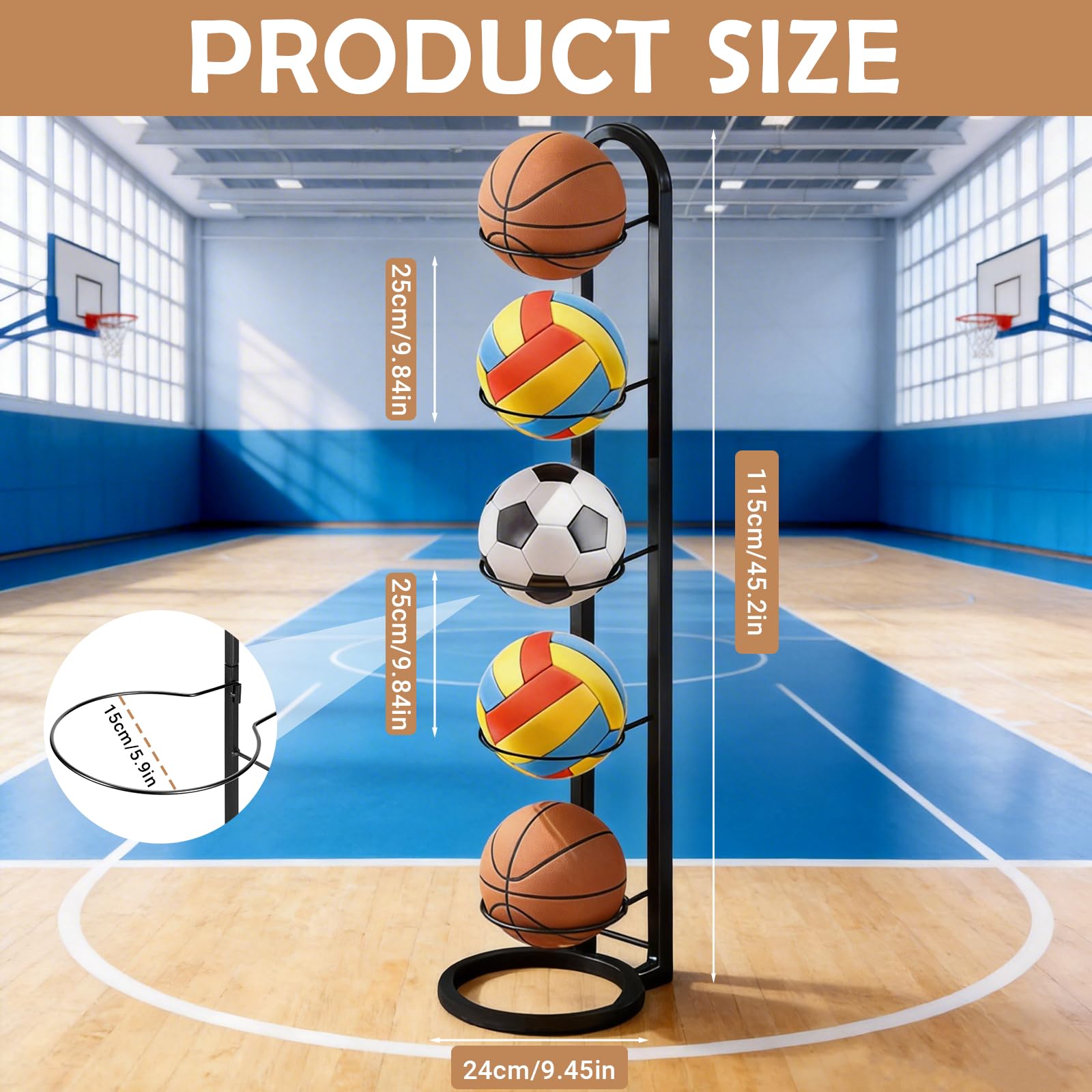 Veebmys 5 Niveles Estante Vertical de Metal, Soporte Extraíble y Compacto, Estante Robusto para Almacenaje de Pelotas, para Baloncesto, Fútbol, Voleibol, Gimnasio — view 2