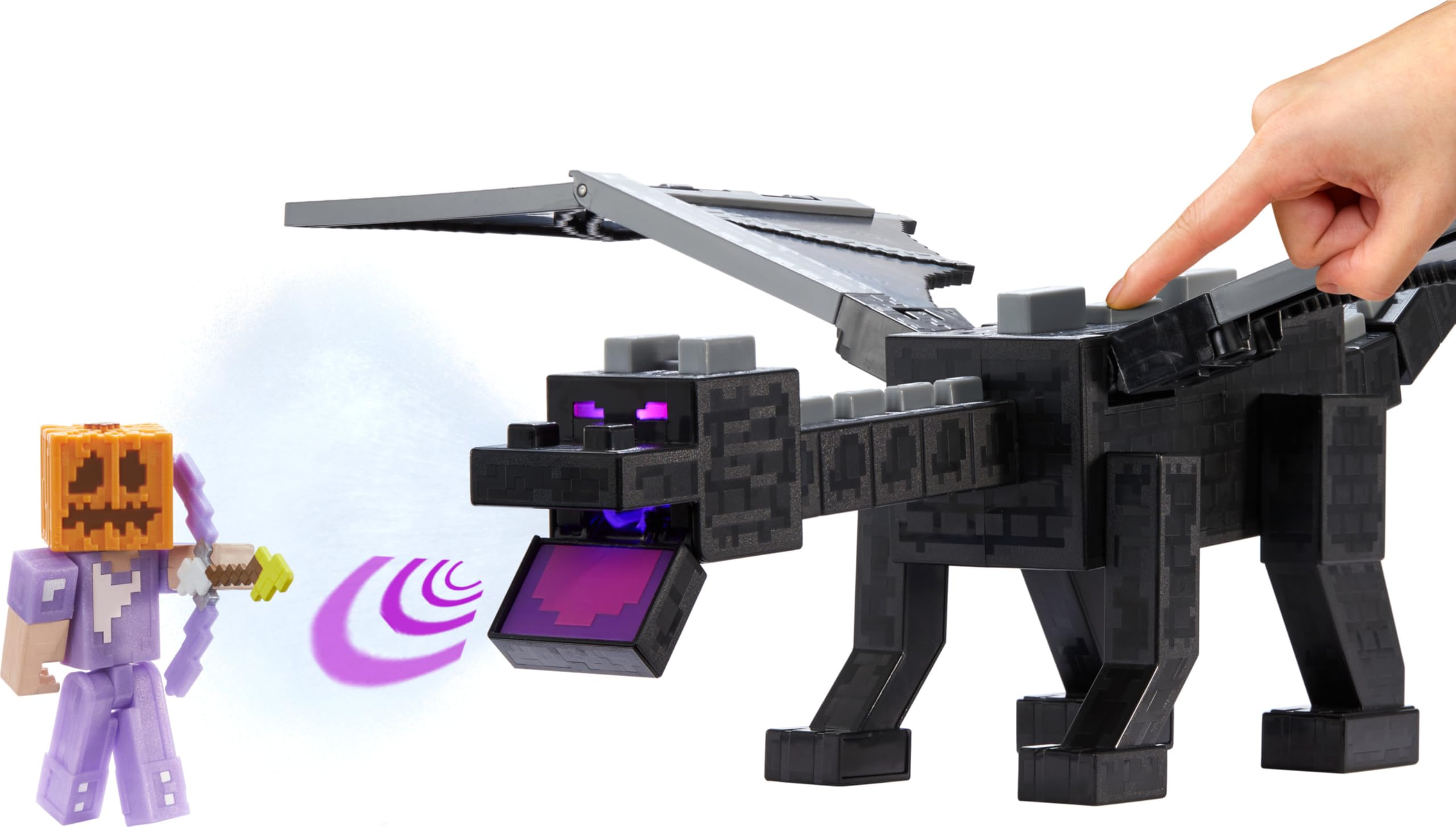 Mattel Minecraft Toys, action figure grande Ultimate Ender Dragon con accessori Steve e 4 da 8,3 cm, gioco con luci, suoni, nebbia e cambio di colore