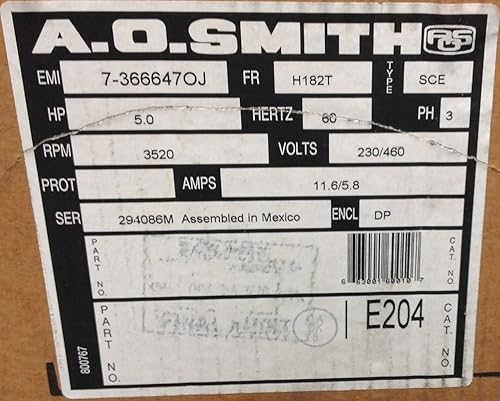 E204 AO Smith - Motor de transmisión para cinturón (5 HP, 3 fases, 3520 rpm)