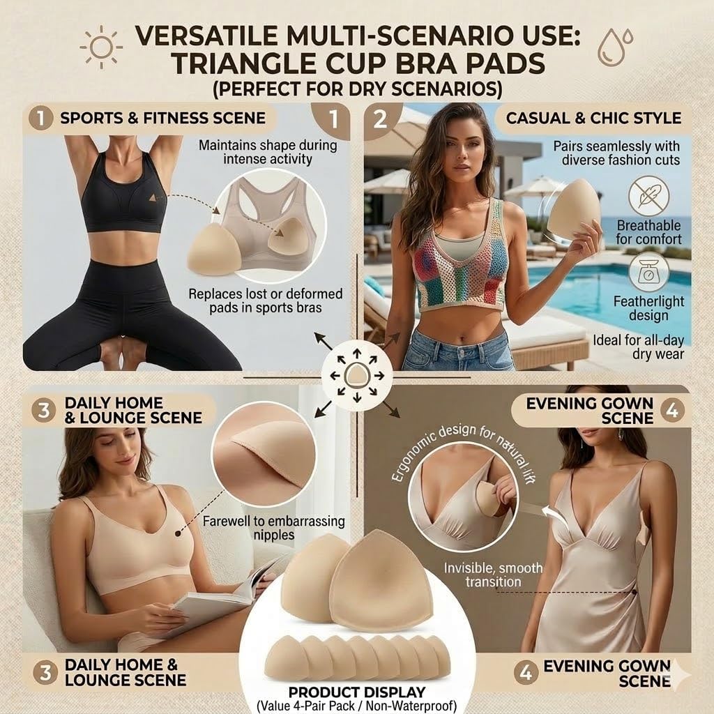 4 Pairs Bra Pads Inserts Sewn Edges, Removable Breast Enhancers for Sports Bra Yoga Swimwear, Lightweight A/B/C D/E Cup