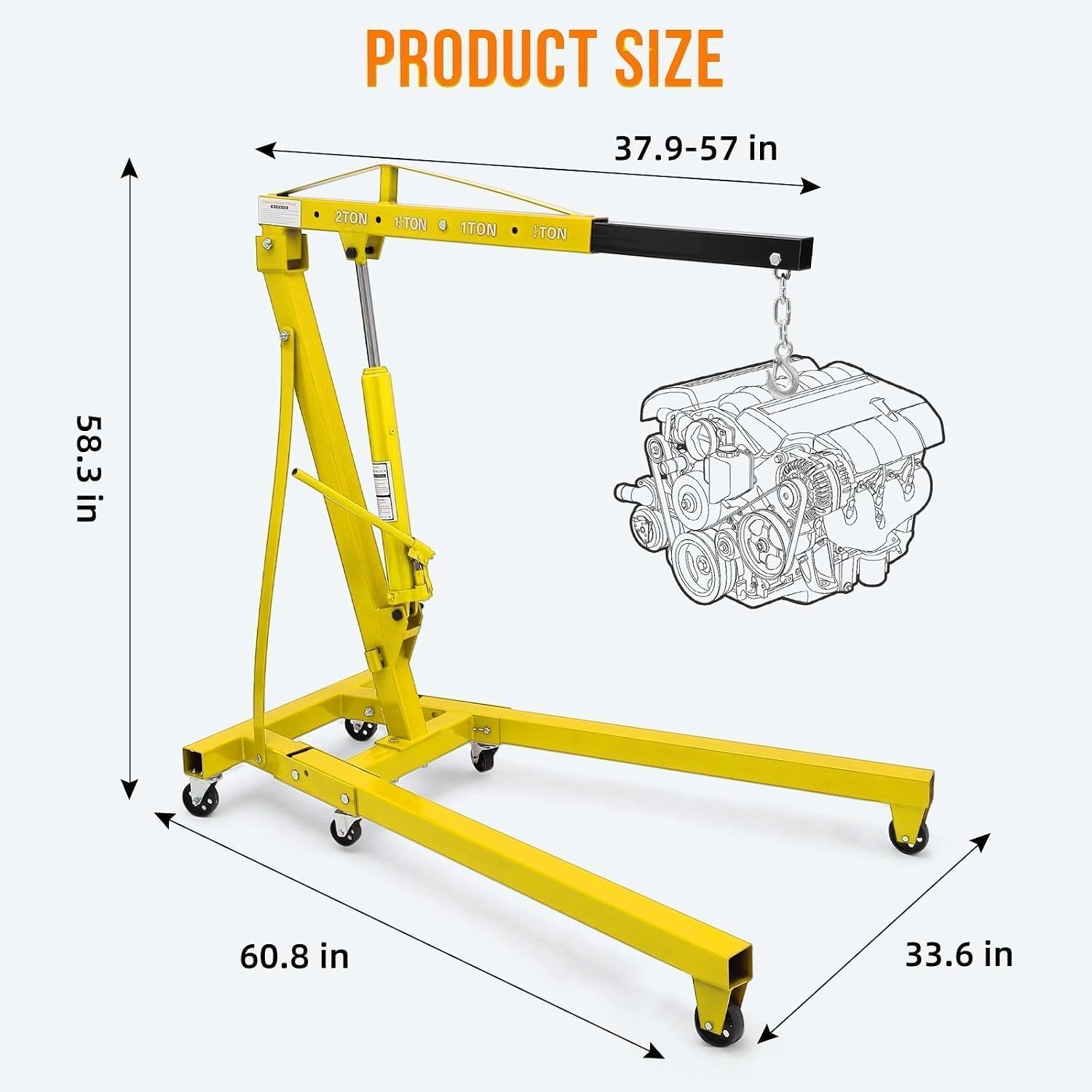 2 Ton Folding Hydraulic Engine Hoist Cherry Picker, 4400 Lbs Capacity, Adjustable Telescoping Boom, Heavy Duty Shop Crane with Load Leveler & 6 Swivel Wheels, for Garage Workshop Warehouse Automotive