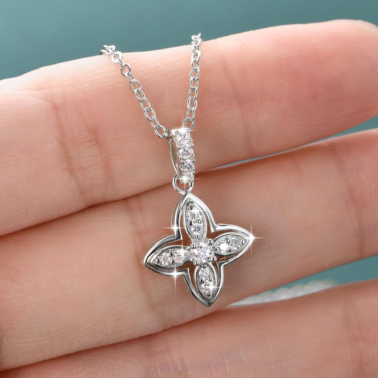 Four Clover Moissanite Pendant Necklace, 0.13CTTW D Color Moissanite 14K Gold Plated Luck Four-Leaf Pendant for Women Mom Birthday Jewelry Gifts - Image 2