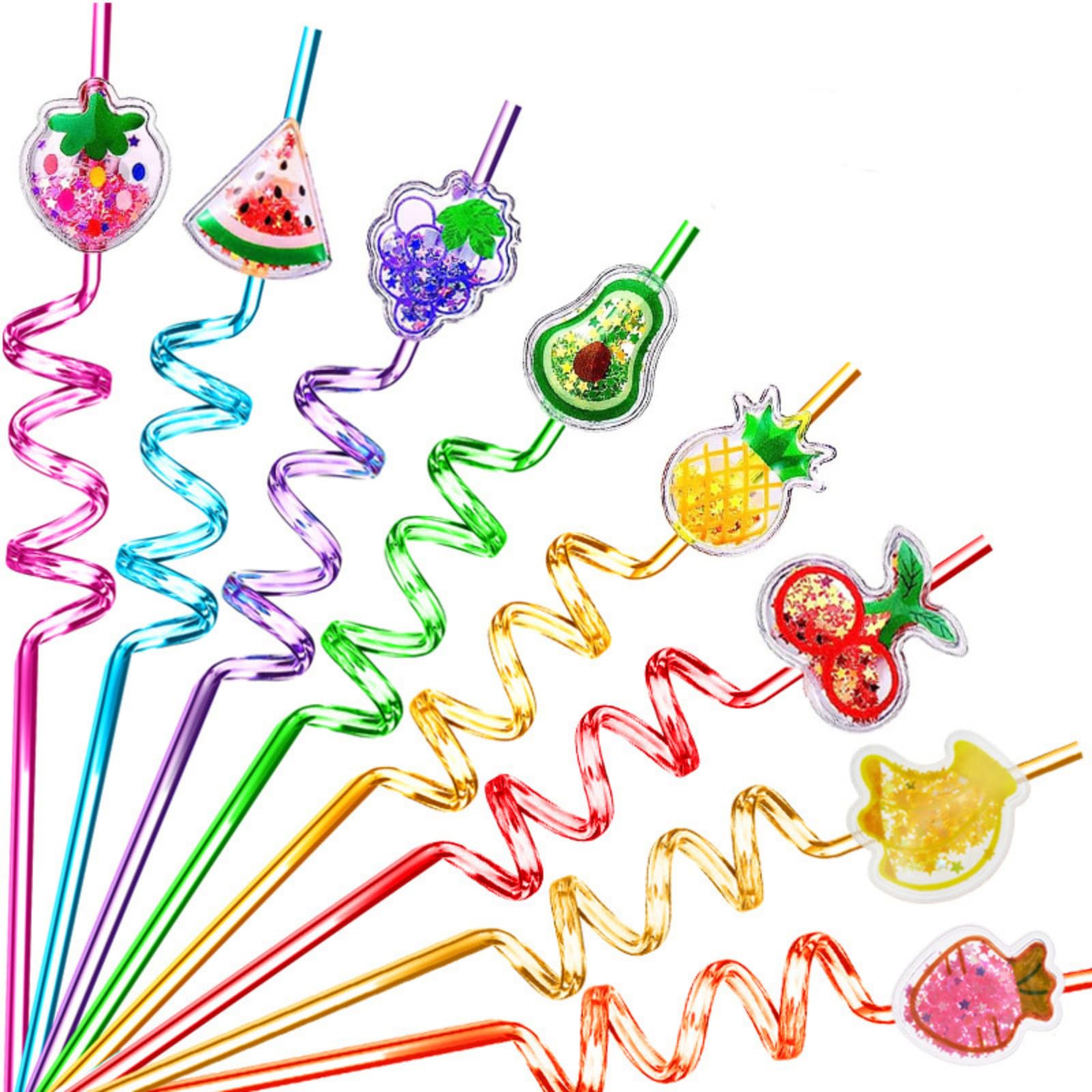 8 Pcs Reusable Curly Straws for Kids - Colorful Spiral Novelty Straws with Fruit Pendants for Party Supplies Birthdays Christmas Cocktails Juice 10.6 Inch Plastic Bendy Straws Set