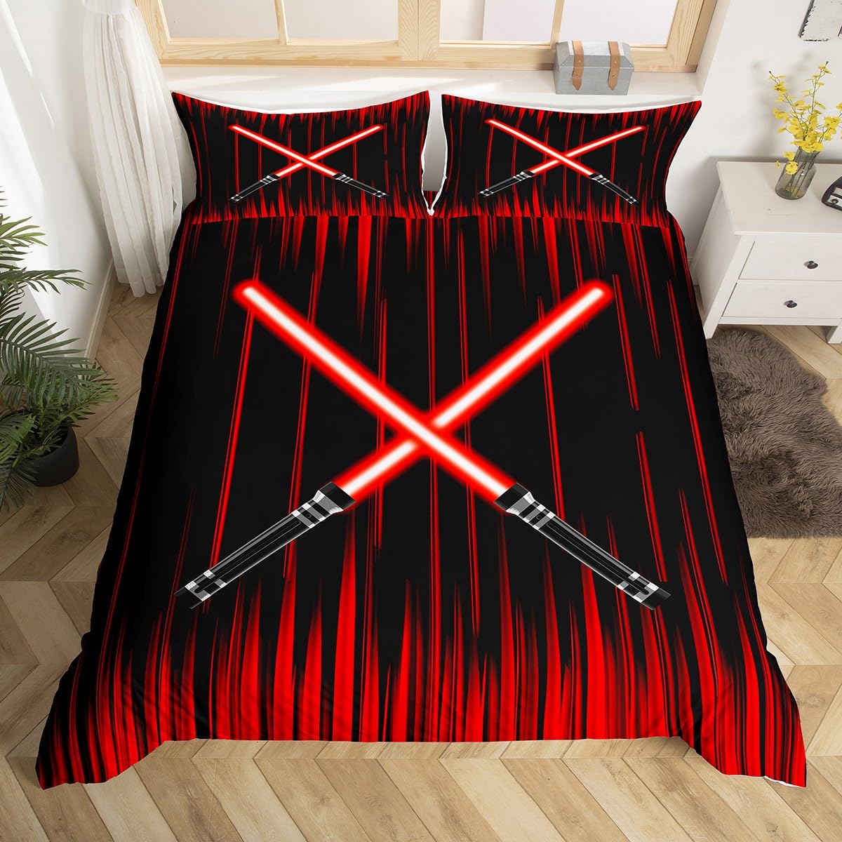 Loussiesd Lightsaber Bedding Set Kids Red Ombre Comforter Cover Set for Boys Teens Lightsaber Grommet Duvet Cover Future Technology Bedspread Cover Decor Quilt Cover King โ image 1