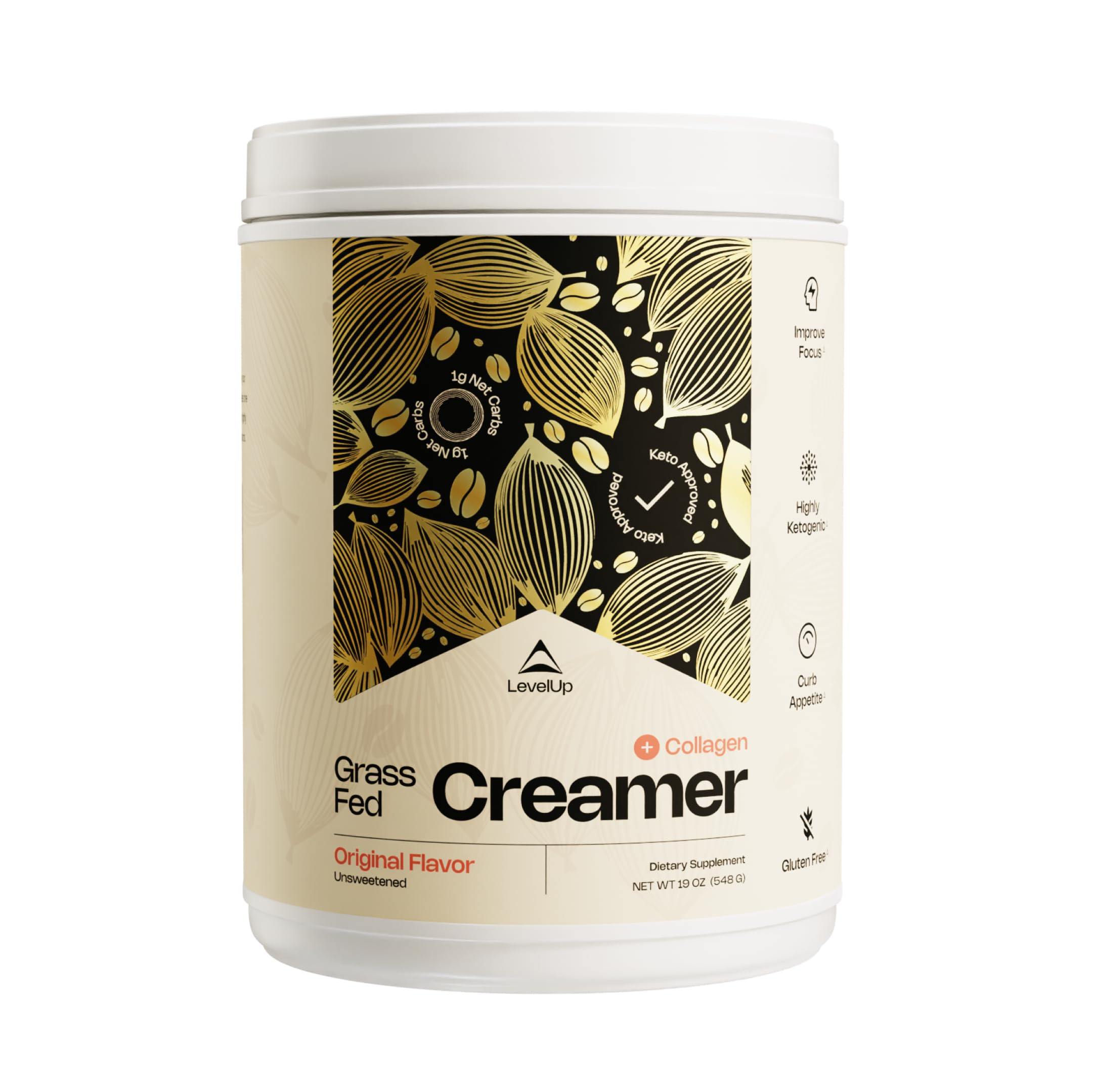 LevelUp Grass-fed Keto Creamer: Collagen Protein + C8 MCT Oil + Irish Butter | Keto Bomb BPC Coffee Creamer | Ketogenic Diet Ketosis Supplement Ketone Support (Original - Unsweet)