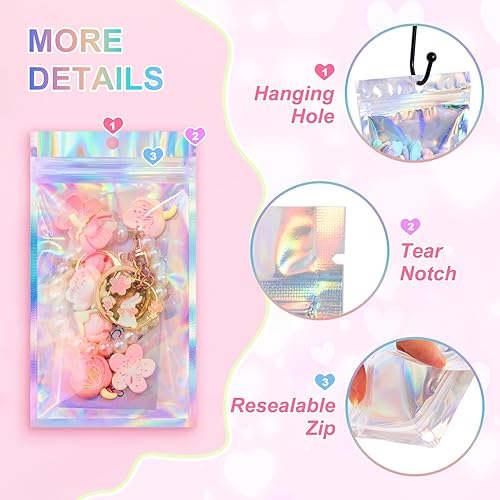 Miniatura 9 de Paquete de 100 bolsas holográficas, bolsas resellables con ventana transparente, bolsa de papel de aluminio resellable para almacenamiento de