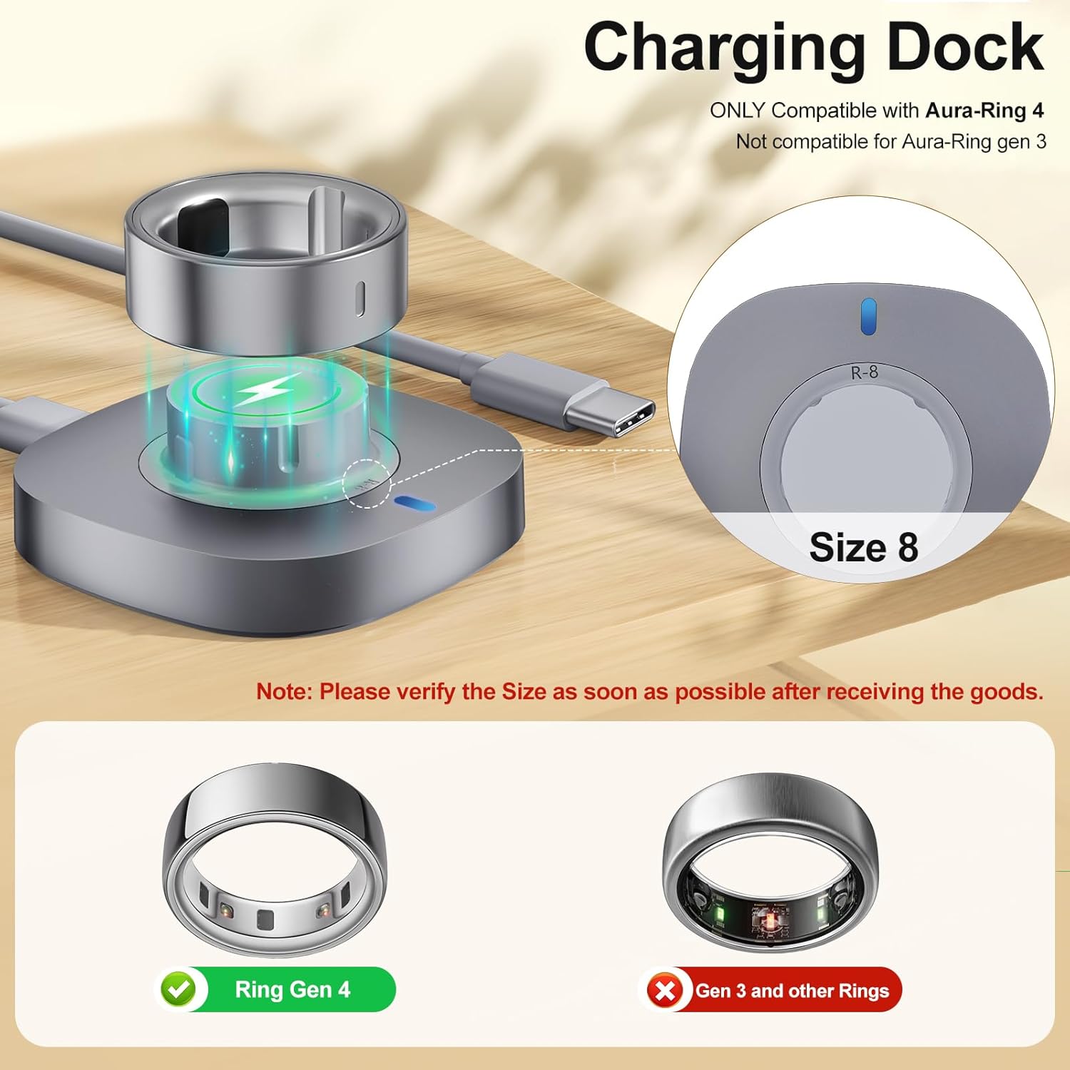 Compatible with Aura-Ring Gen 4 Charger -Size 8- Charging Dock and USB-C Cable Replacement Accessories