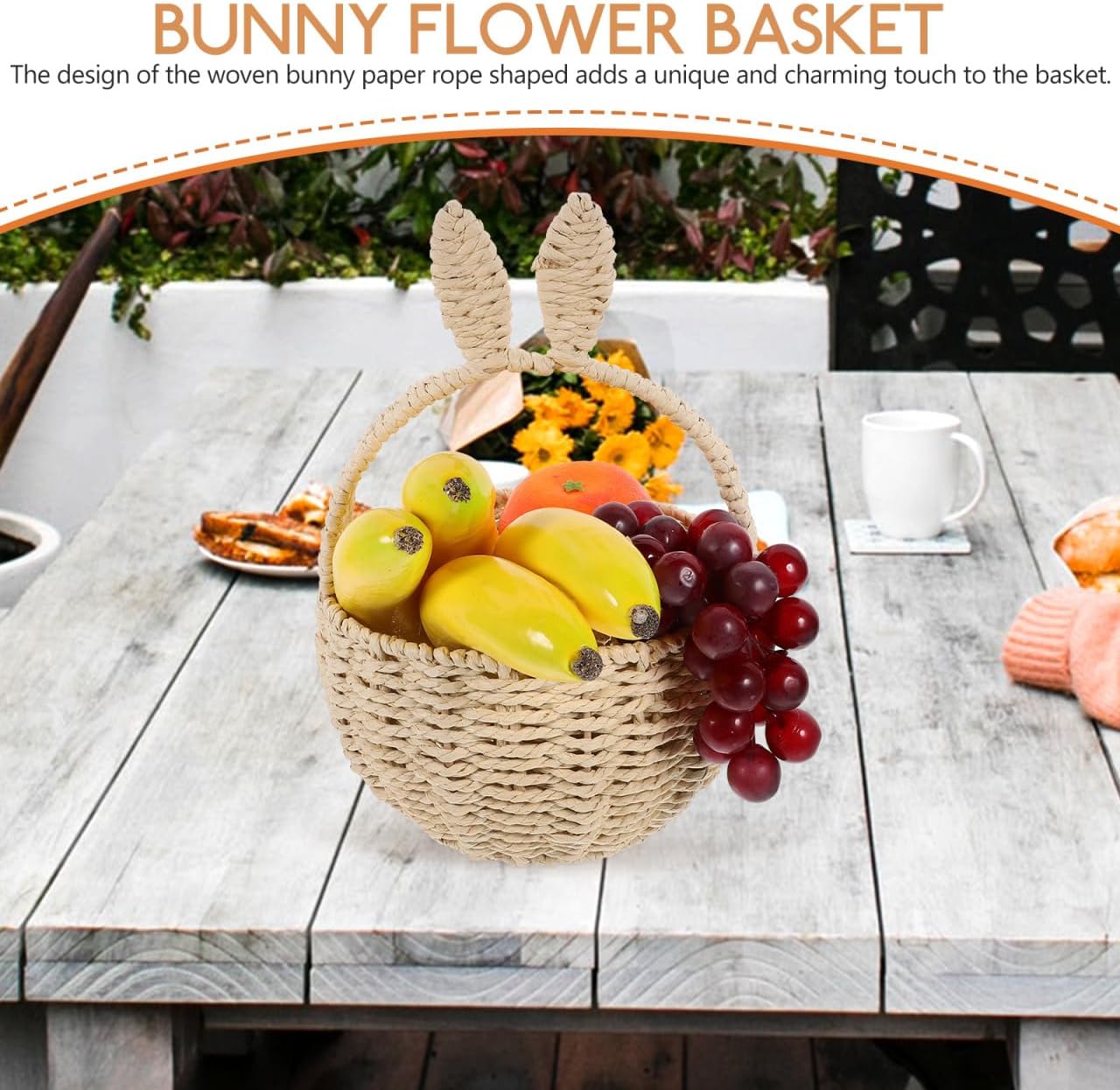 Hemobllo Wicker Easter Basket with Bunny Ears - Large Woven Storage Basket with Handle - Natural Paper Rope Easter Egg Hunt for Kids & Toddlers - Cute Rabbit Gift for Spring Party Favors & Home