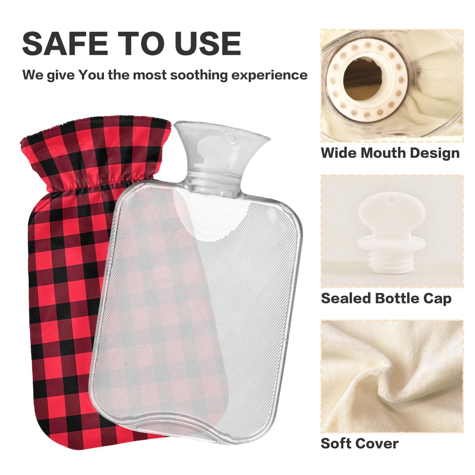 YNNALE Red and Black Buffalo Plaid Hot Water Bottle with Cover, 2Liter Soft Velvet Winter Warm Water Bag for Neck and Shoulder Pain Relief Period Cramps Bed Hand Feet Warmer