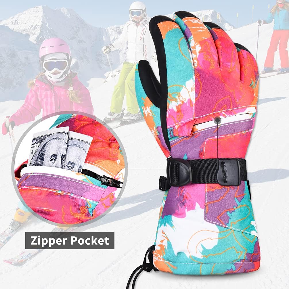 Kids Winter Ski Waterproof Gloves - Splash-Proof Warm & Soft Nylon with Zipper Pocket Mittens for Boy & Girl 2 Colors & Size : Clothing, Shoes & Jewelry