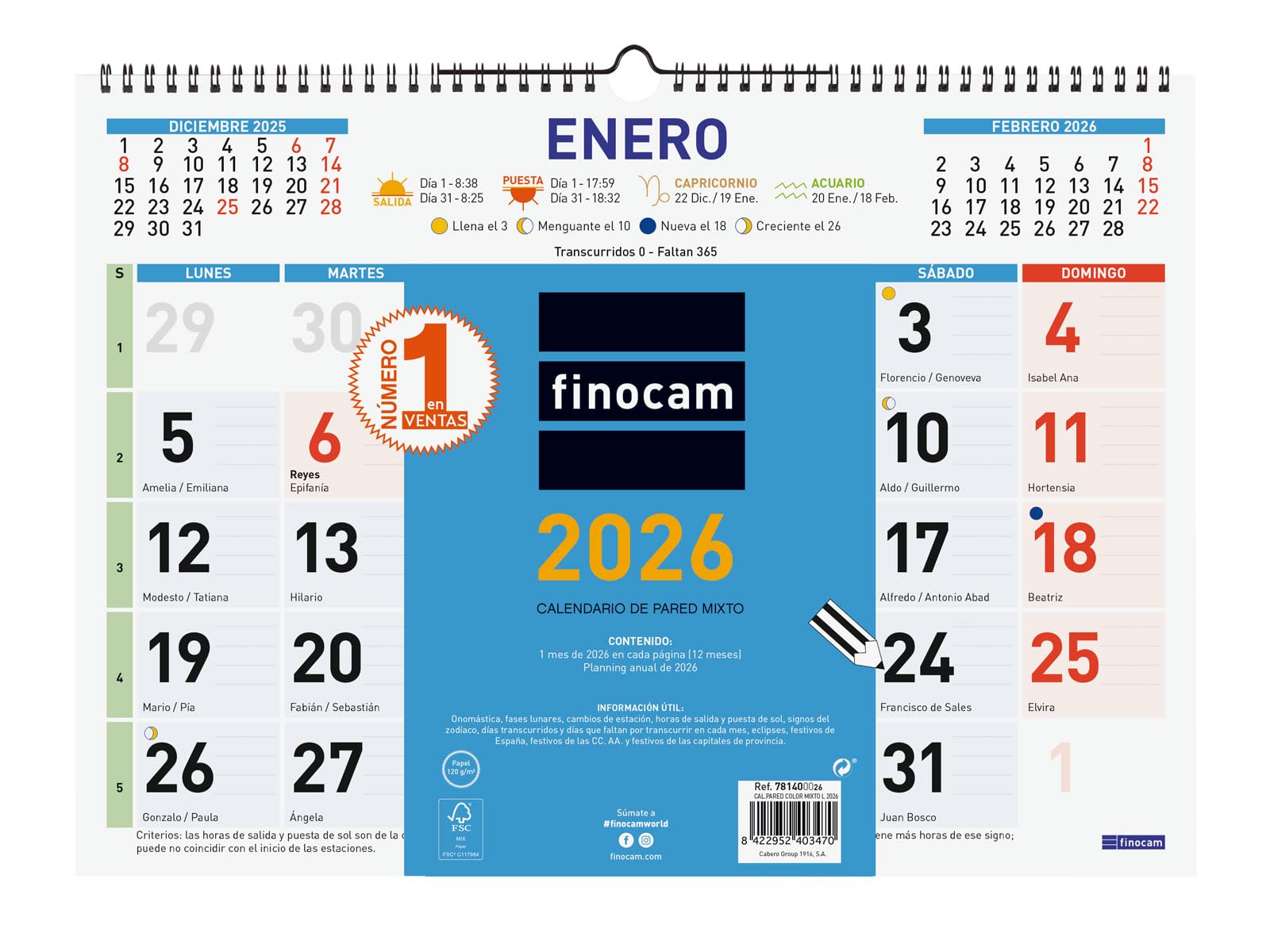 Finocam - Wall Calendar 2026 Mixed Month View January - December 2026 (12 Months) | Calendar 2026 to Note| Monthly Planner Color - Spanish