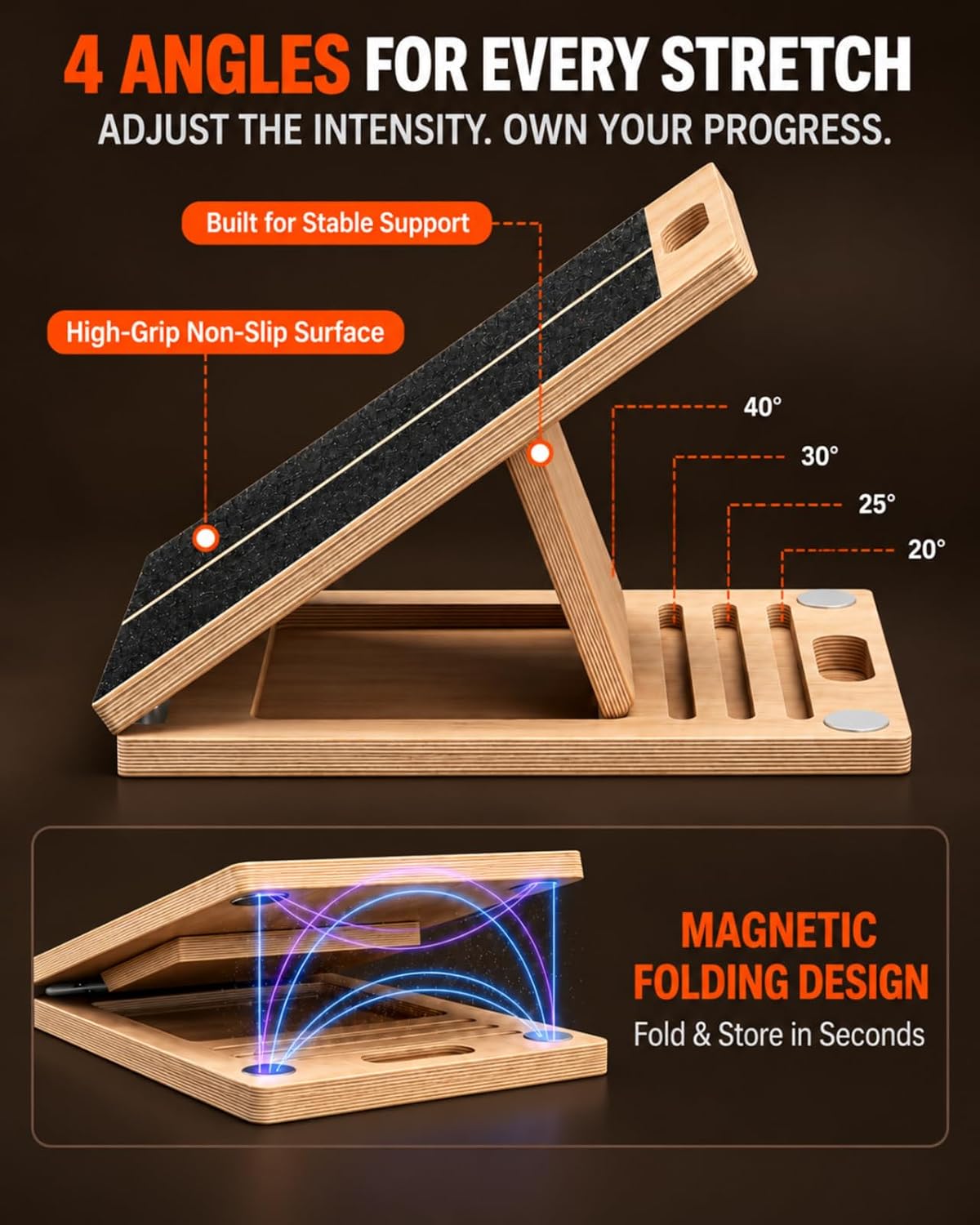 Frylr Slant Board for Exercise, Calf Stretch Board, Foot Stretcher, Portable Foldable Wooden Wedge with 500 lb Capacity, Non-Slip Design, Carry Handle for Home, Gym and Office, Natural Wood