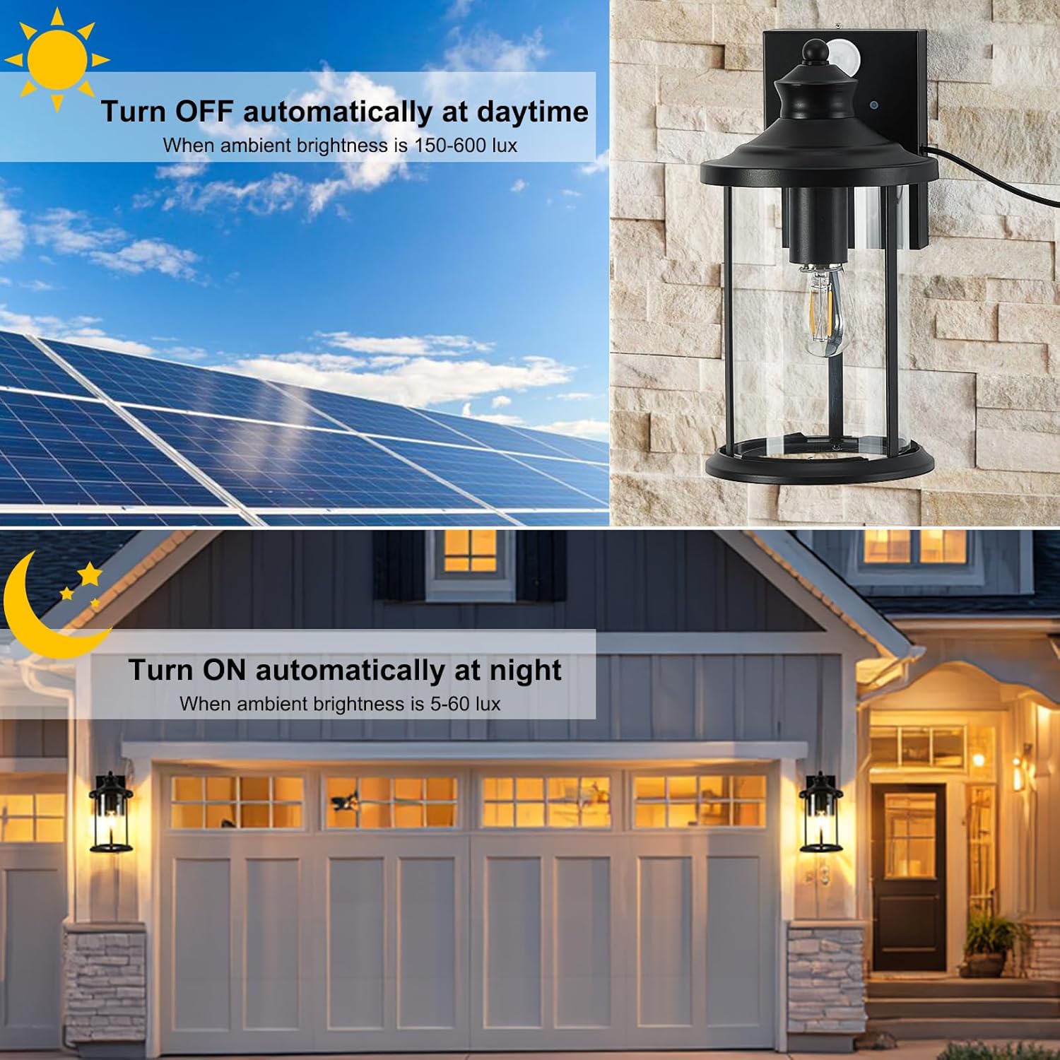 OKELI Porch Lights Outdoor Dusk to Dawn Motion Sensor Solar Wall Lantern Separate Panel & Battery Replaceable Exterior Waterproof Wall Sconce Lighting Lamp (Black B, 2 Pack)