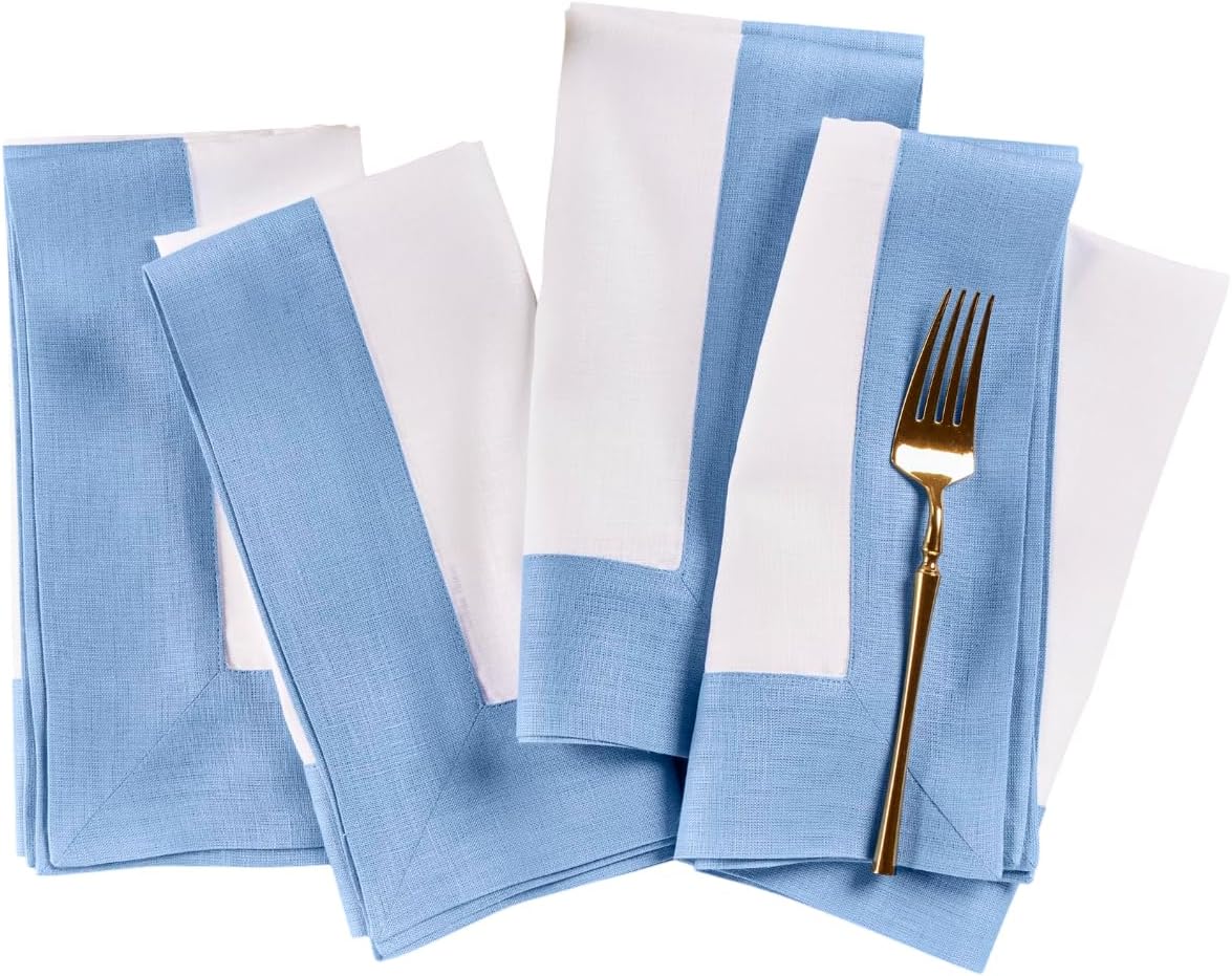 Solino Home Linen Cloth Napkins Set of 4-100% Pure Linen Cornflower Blue and White Dinner Napkins 20 x 20 Inch for Winter, Spring, Easter, Mothers Day - Contempo, Handcrafted and Machine Washable