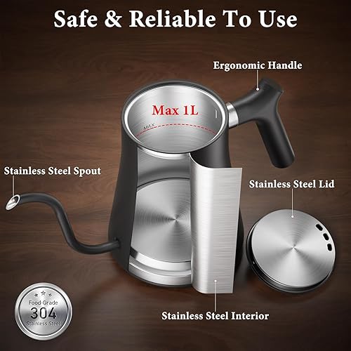 Miniatura 3 de Hervidor eléctrico de cuello de cisne Fabuletta 1500 W, hervidor de agua de ebullición ultra rápido, 100% acero inoxidable para verter café y té,