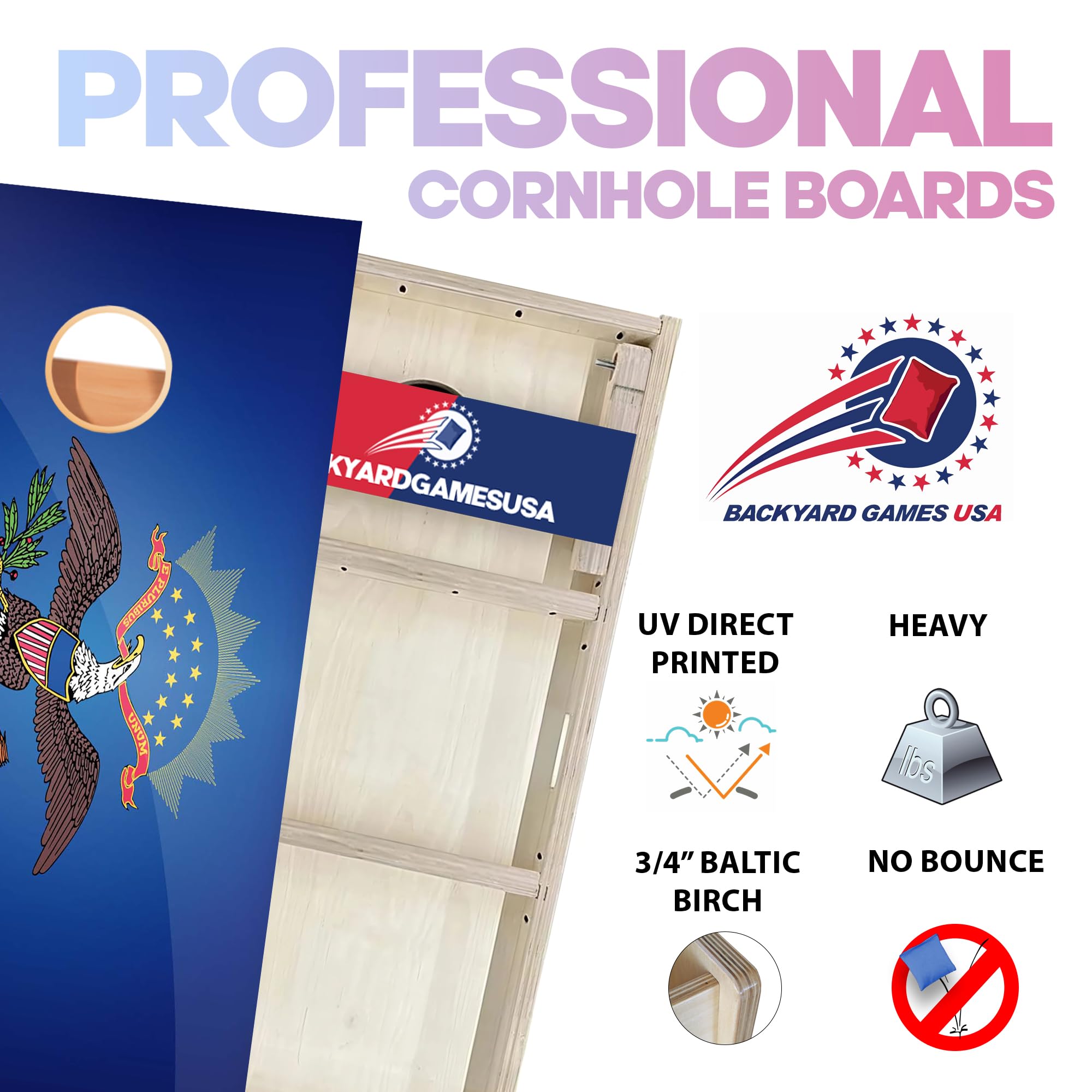CornholeGamesUSA Pro Cornhole Boards Set | Made in USA | 3/4 Baltic Birch | No Bounce | Triple Thick Legs | Two Brace & Handles, Tournament 2x4 Regulation Set with Score Tower & Cornhole Bags