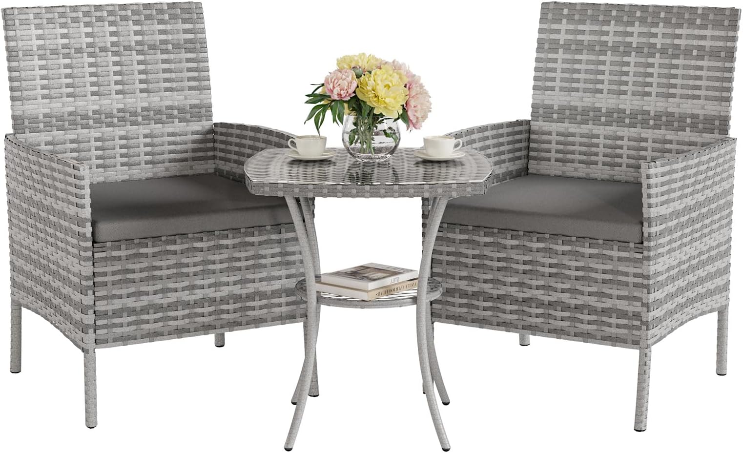 UDPATIO Garden Furniture Set 3 PCS Rattan Patio Conservatory Outdoor Bistro Set Patio Weave Companion Chair Table Set Grey