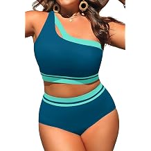 Aqua Eve Women Plus Size High Waisted Bikini One Shoulder Two Piece Swimsuit Color Block Bathing Suits