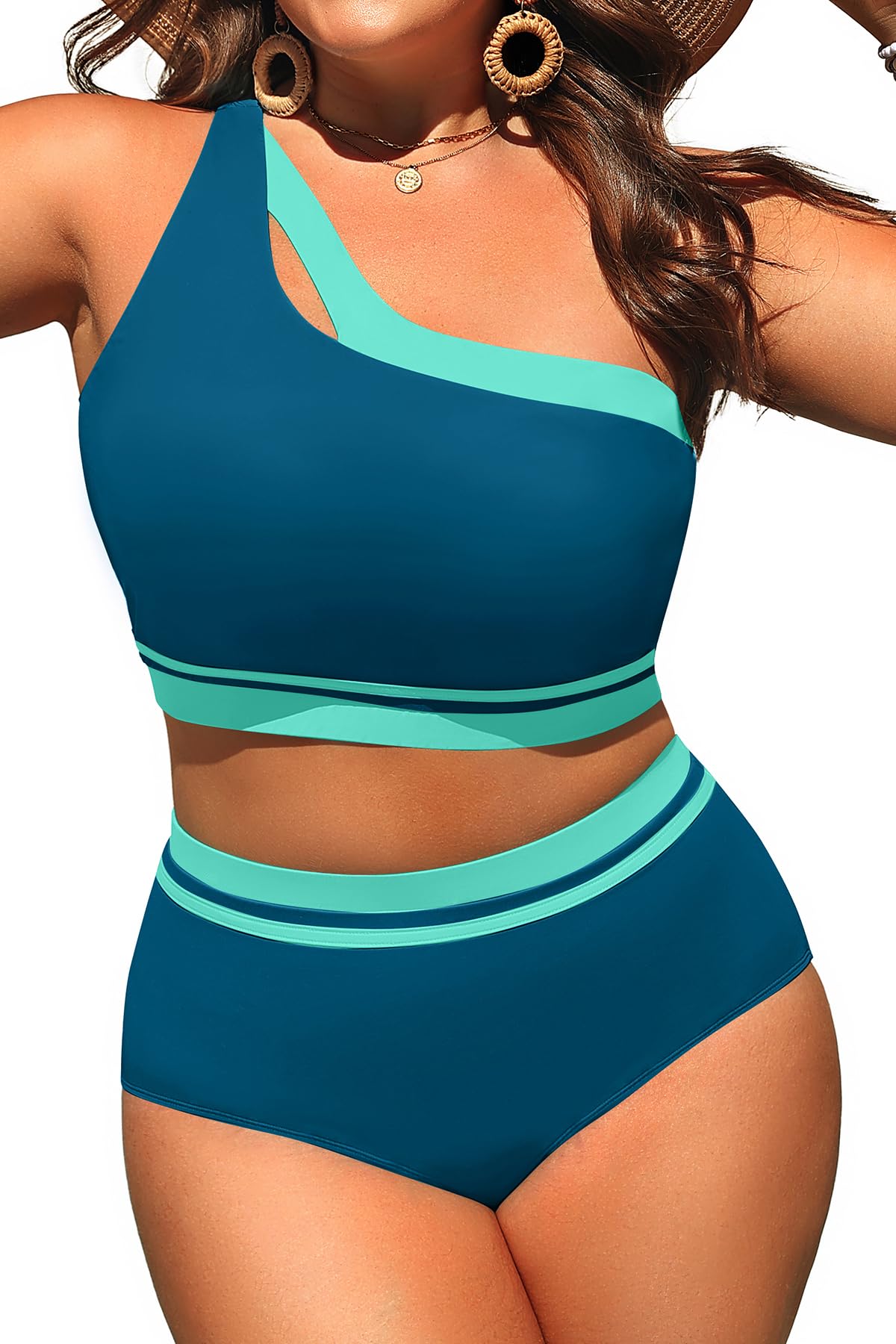 Aqua Eve Women Plus Size High Waisted Bikini One Shoulder Two Piece Swimsuit Color Block Bathing Suits