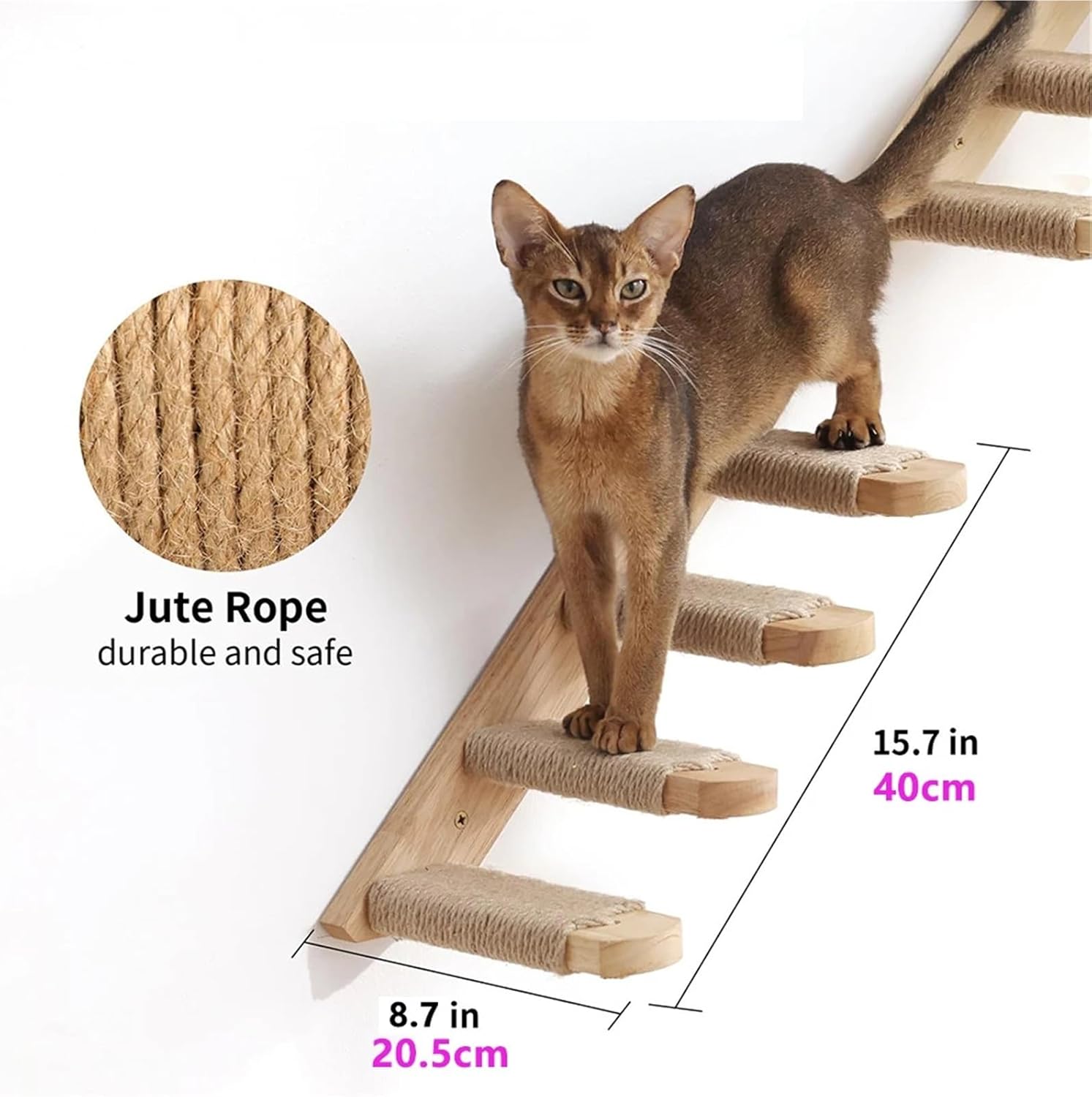 Wall Mounted Cat Climbing Stairs, Wood and Sisal Rope Scratching Ladder for Indoor Cats to Play and Rest