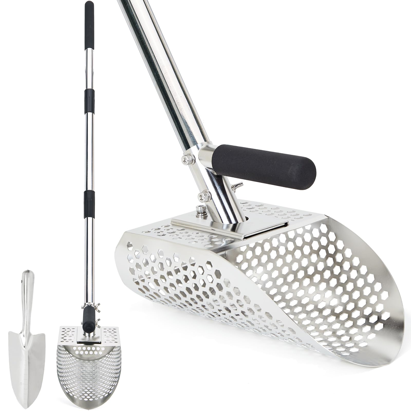 Sand Scoop for Metal Detecting, Stainless Steel Metal Detector Scoop with Long Steel Handle, Metal Detector Accessories, Sand Sifter for Treasure Hunting, Sand Flea Rake, Beach Scoop Underwater Use