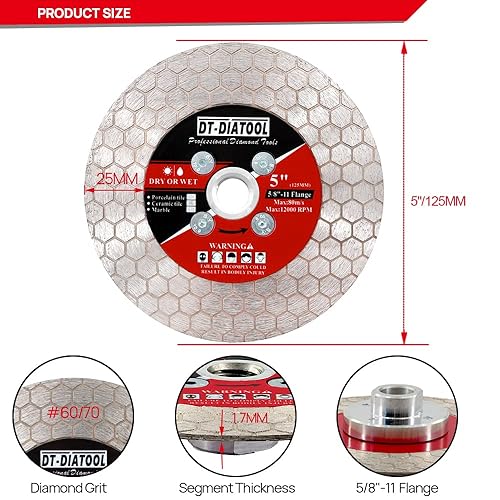 Miniatura 2 de DT-DIATOOL Hoja de sierra de diamante de 5 pulgadas con brida de 58 "-11 para cortar azulejos de porcelana, cerámica y mármol, gres artificial,