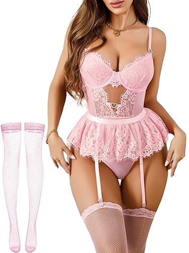 Alrovetoney Sexy Lingerie for Women Naughty Lace Garter Lingerie Set with Underwire Push Up Lingerie Set Thigh Highs - Pink - Small