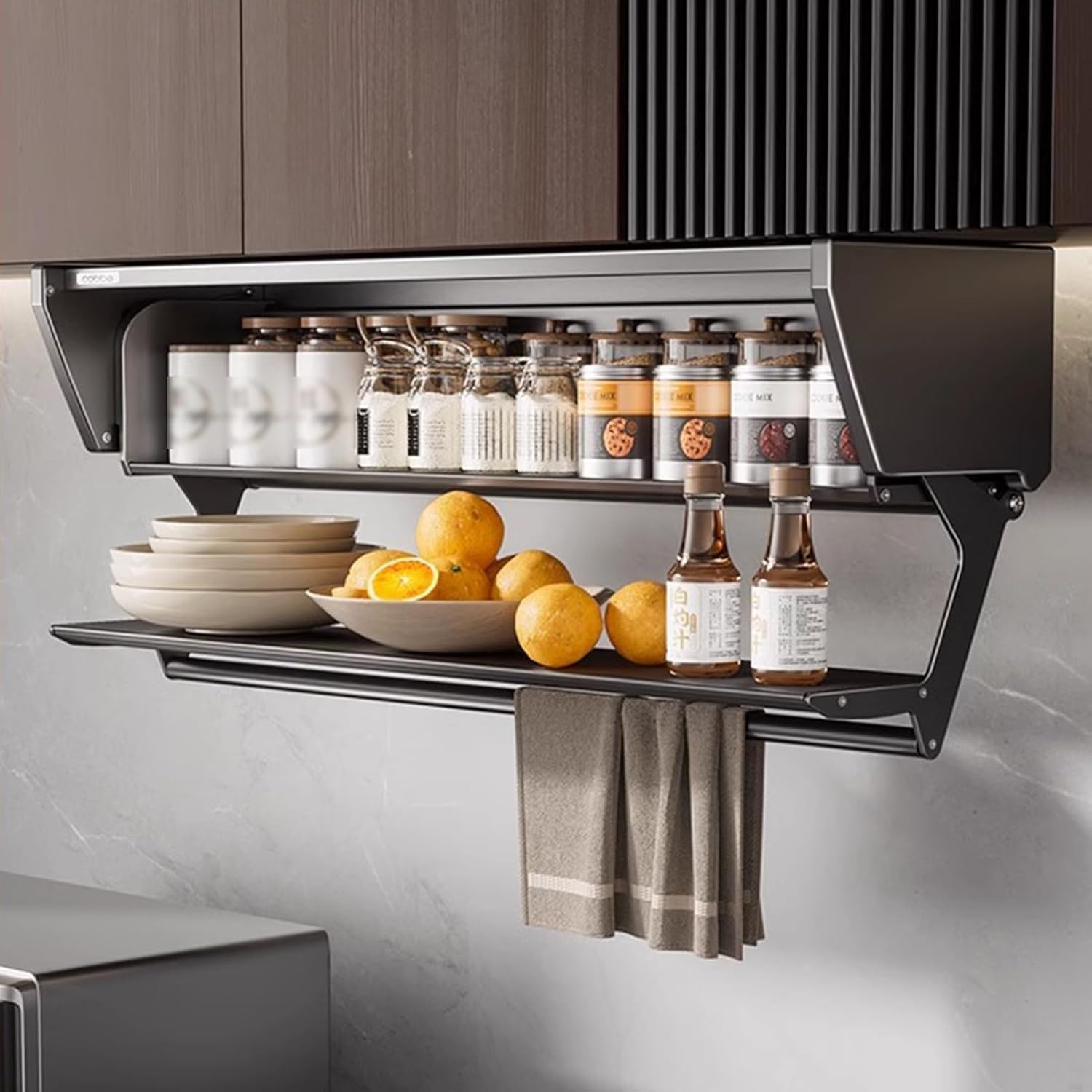 OLSKFUH Spice Rack Pull Down Double Wall Mounted Storage Cabinet Aluminium Dish Floating Rack Kitchen Utensils Lift Up Cabinet,60cm/23.6in