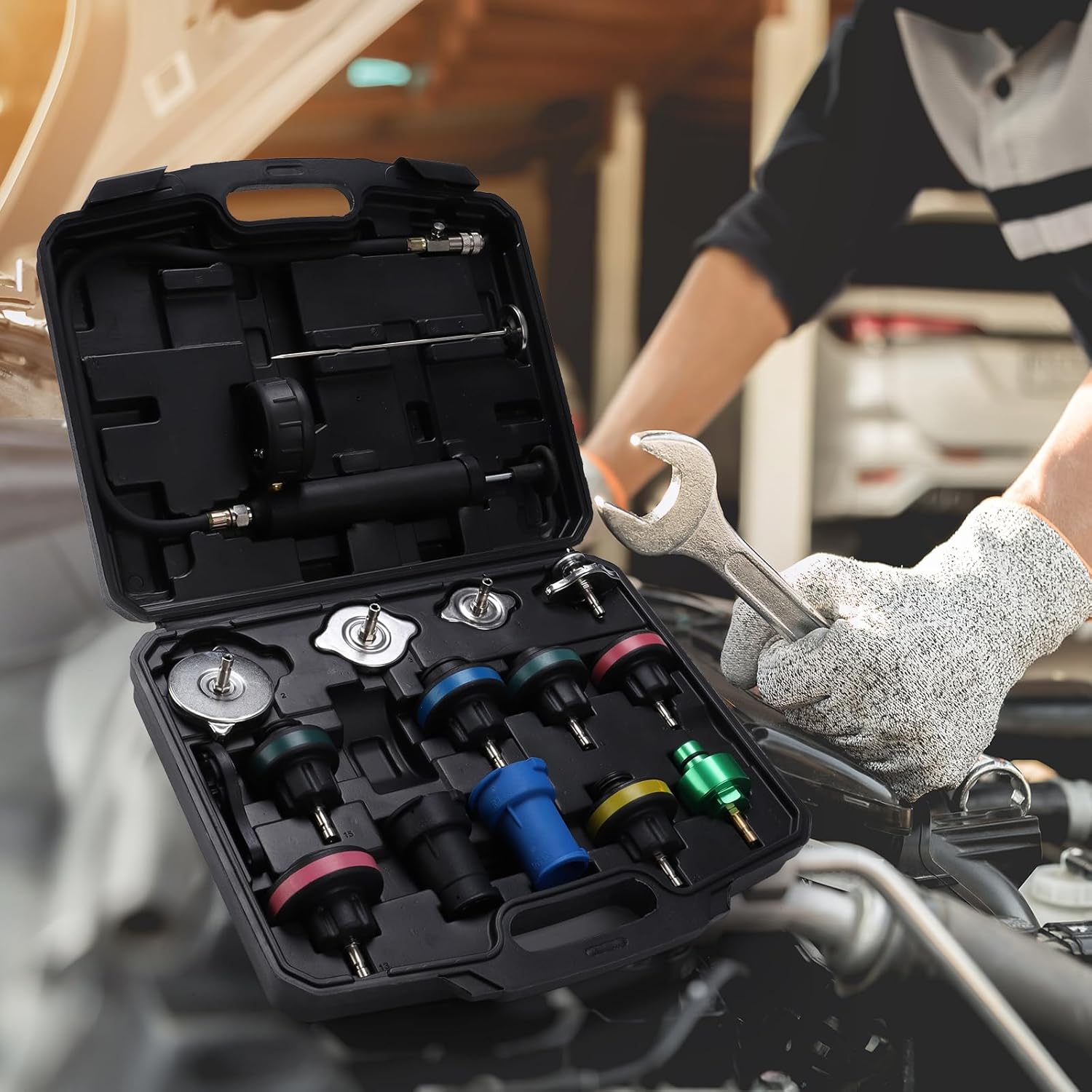 16 Pcs Universal Radiator Pressure Tester Kit,Coolant Pressure Tester kit with 13 Radiator Adapters,Precise Coolant Leak Detector for All Vehicle Cooling System