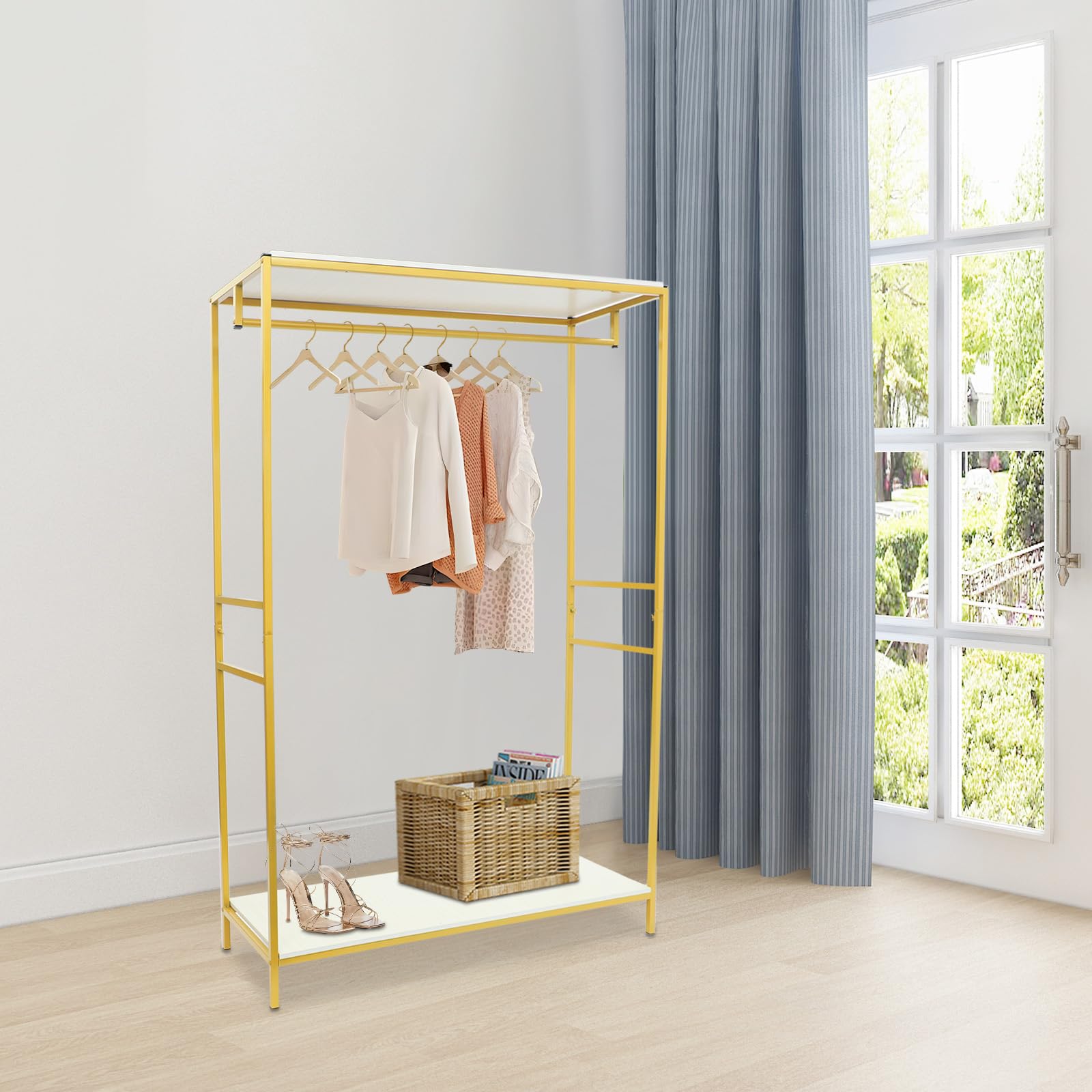 Freistehend Kleiderständer, Gold Garderobenständer, 120x45x190cm | Rechteckig Klamotten Ständer bis 5KG, Metall Kleidung Schiene für Waschküche, Wohnzimmer, Geschäften