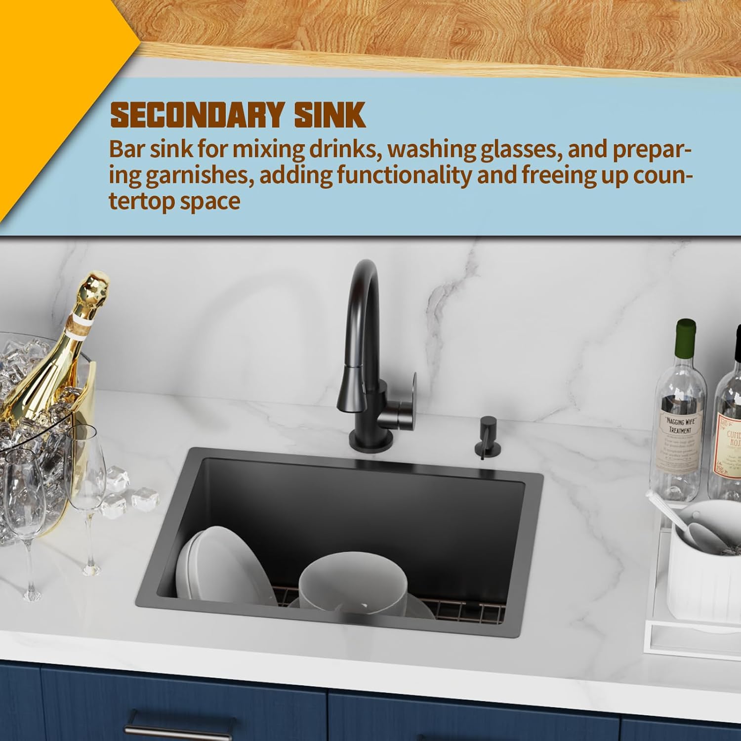 21x16In Black Kitchen And Bar Sink - Small Stainless Steel Undermount Single Bowl Drop In Kitchen&Bar Sink Ideal Choice For Small Space, Prep Area, RV With Bottom Grid,Soap Mat And Drain Assembly