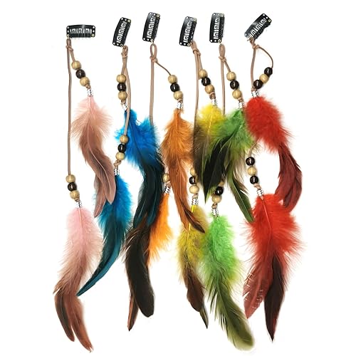6 extensiones de cabello hippie bohemias hechas a mano con clip de plumas, horquilla para Halloween, cosplay, tocado con borla, accesorios de